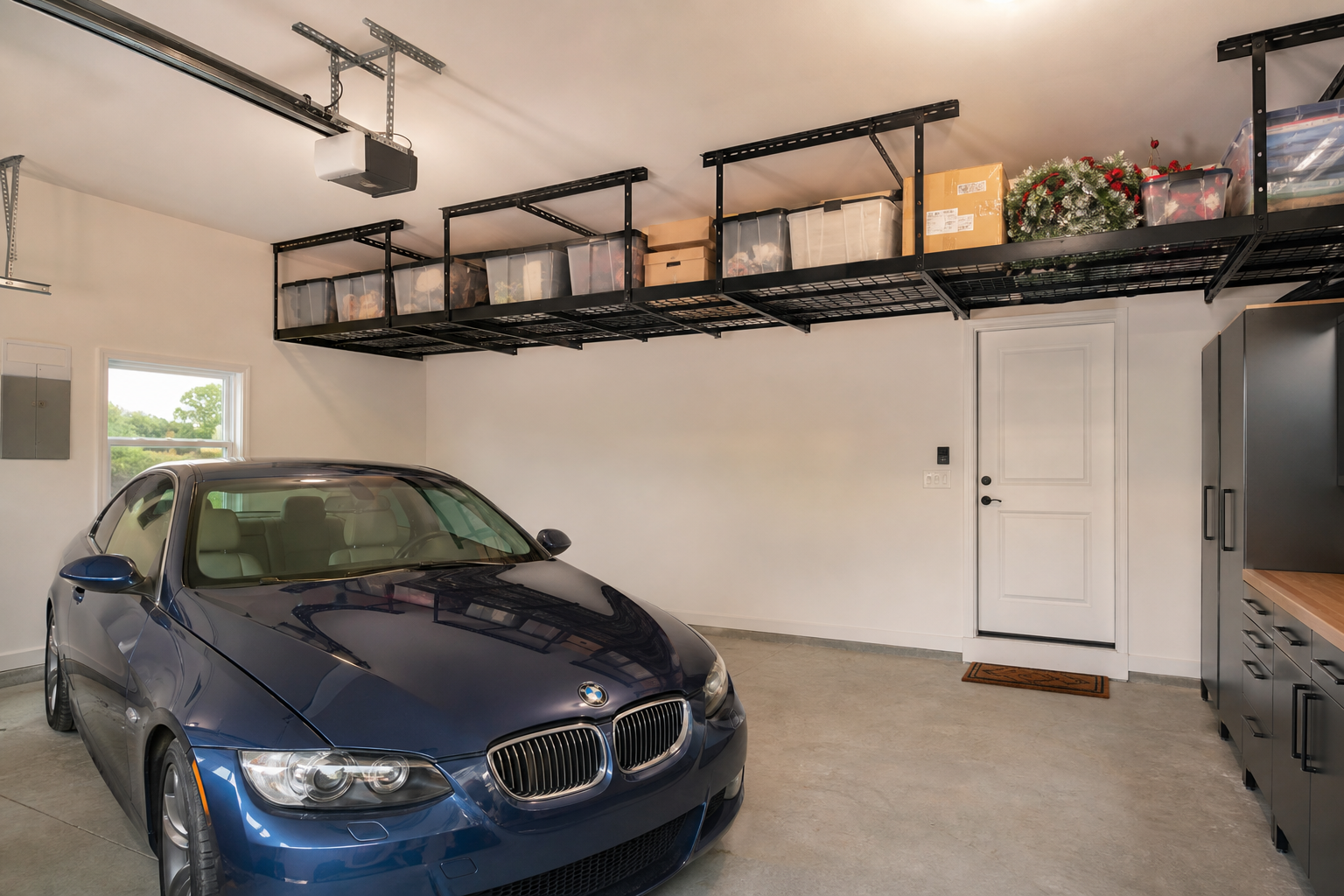 Black metal overhead ceiling storage rack in garage holding clear bins and holiday boxes above parked car