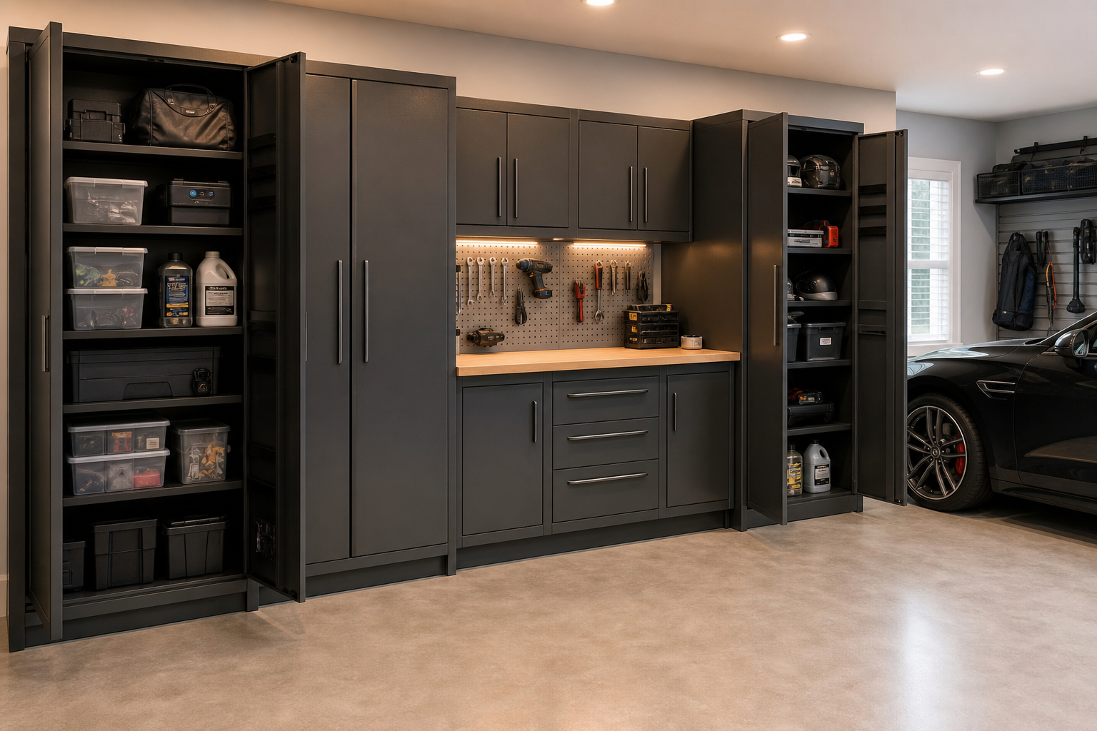 Tall dark charcoal steel garage cabinets with countertop workspace and labeled bins on open shelves