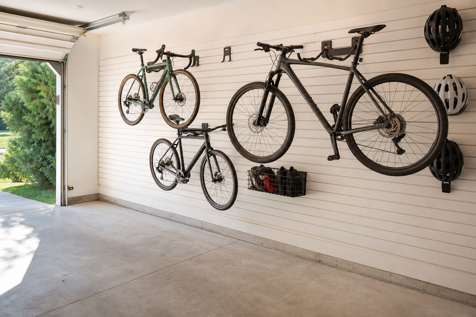 White slat wall panel with multiple bikes on horizontal hooks and helmet hooks in an organized garage