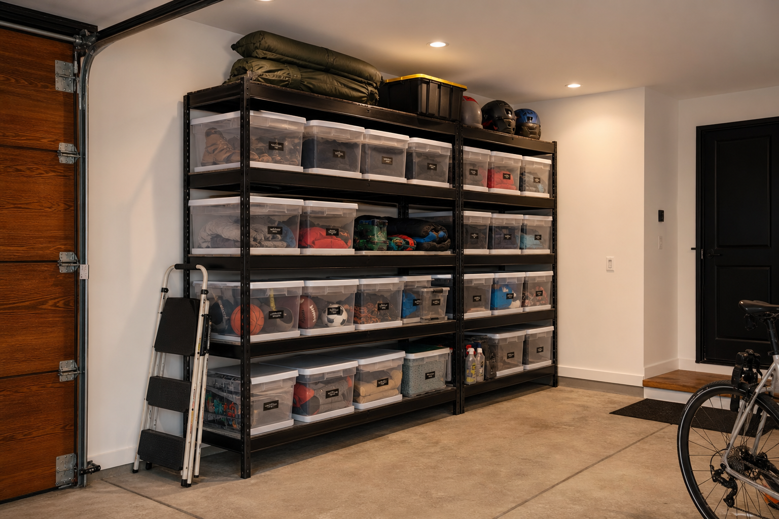 Freestanding steel shelving unit with labeled clear bins organized by category in a garage corner