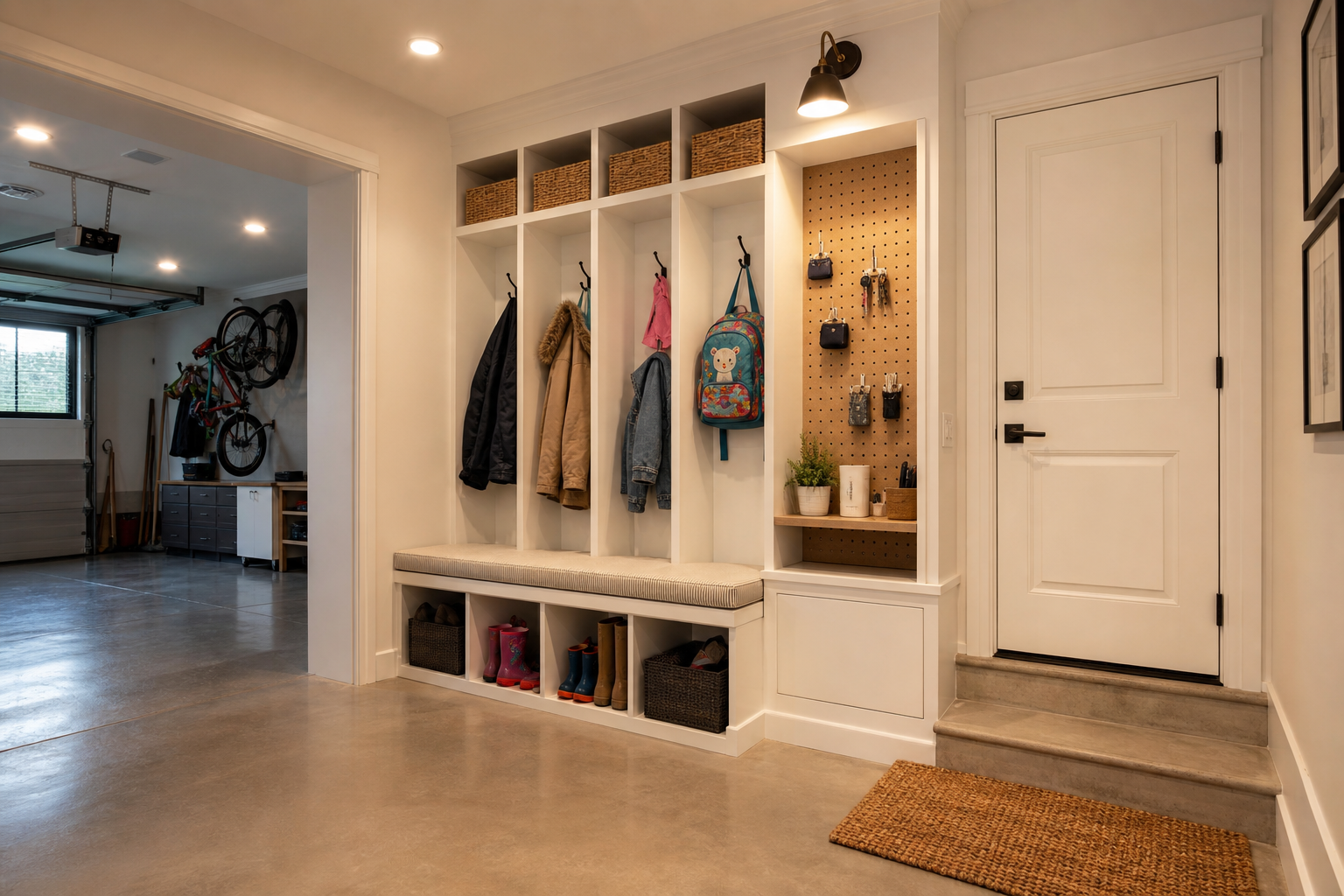 Garage mudroom entry zone with built-in cubbies, coat hooks, shoe bins, bench, and white pegboard