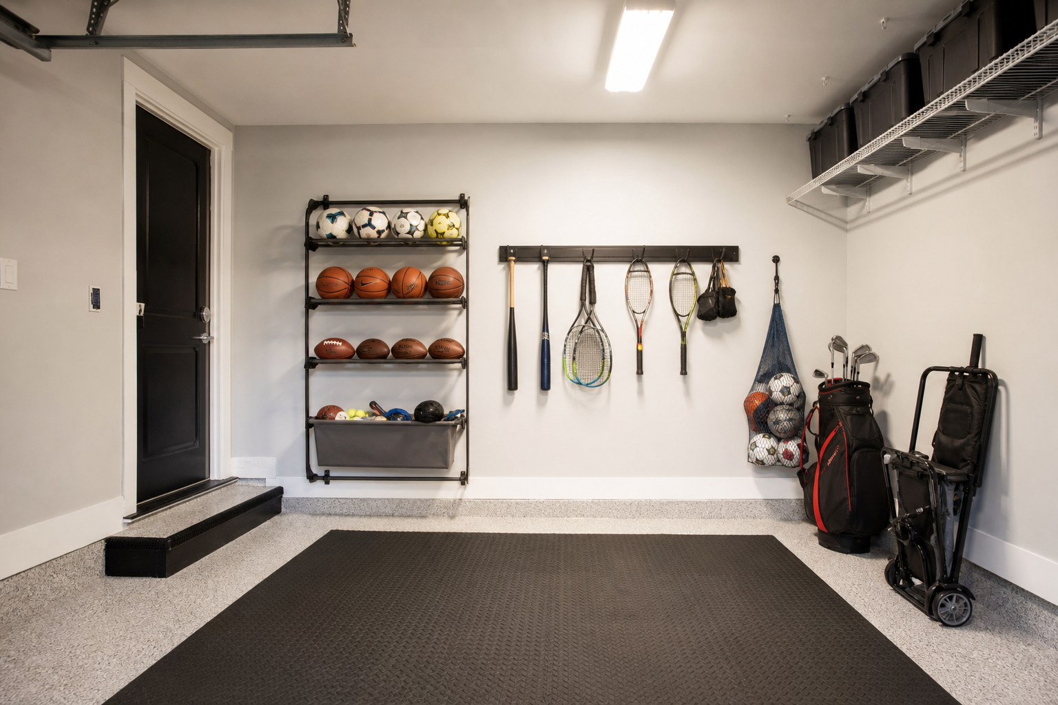 Wall-mounted garage sports zone with ball rack, bat and racket hooks, and labeled bins on lower shelf