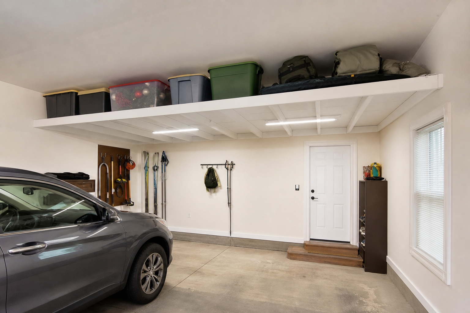 DIY wood overhead storage platform in garage ceiling holding seasonal bins and camping gear