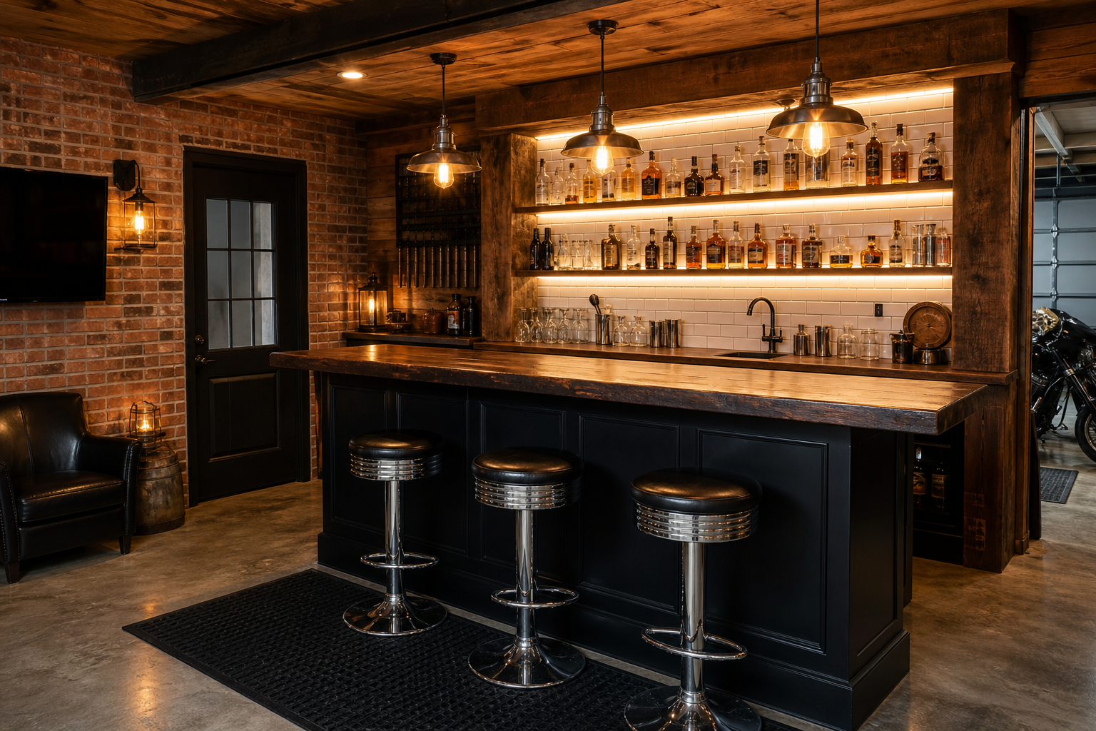 Custom garage bar with walnut top black cabinets reclaimed wood back bar and subway tile
