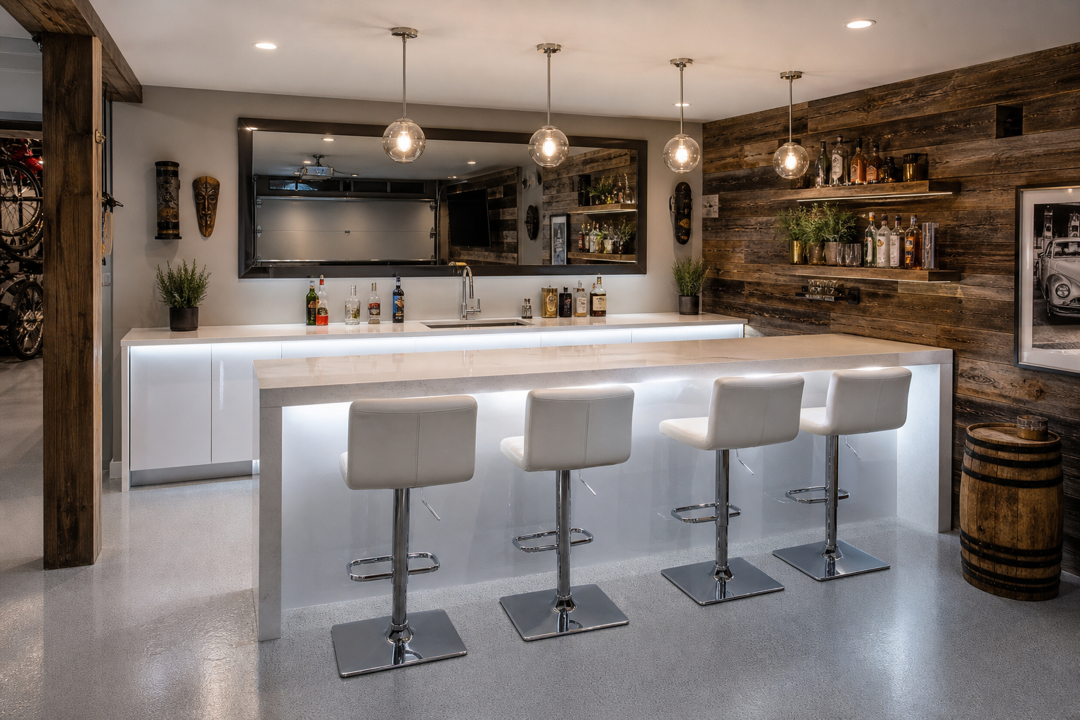 Minimalist white garage bar with quartz countertop backlit stools and mirror back wall