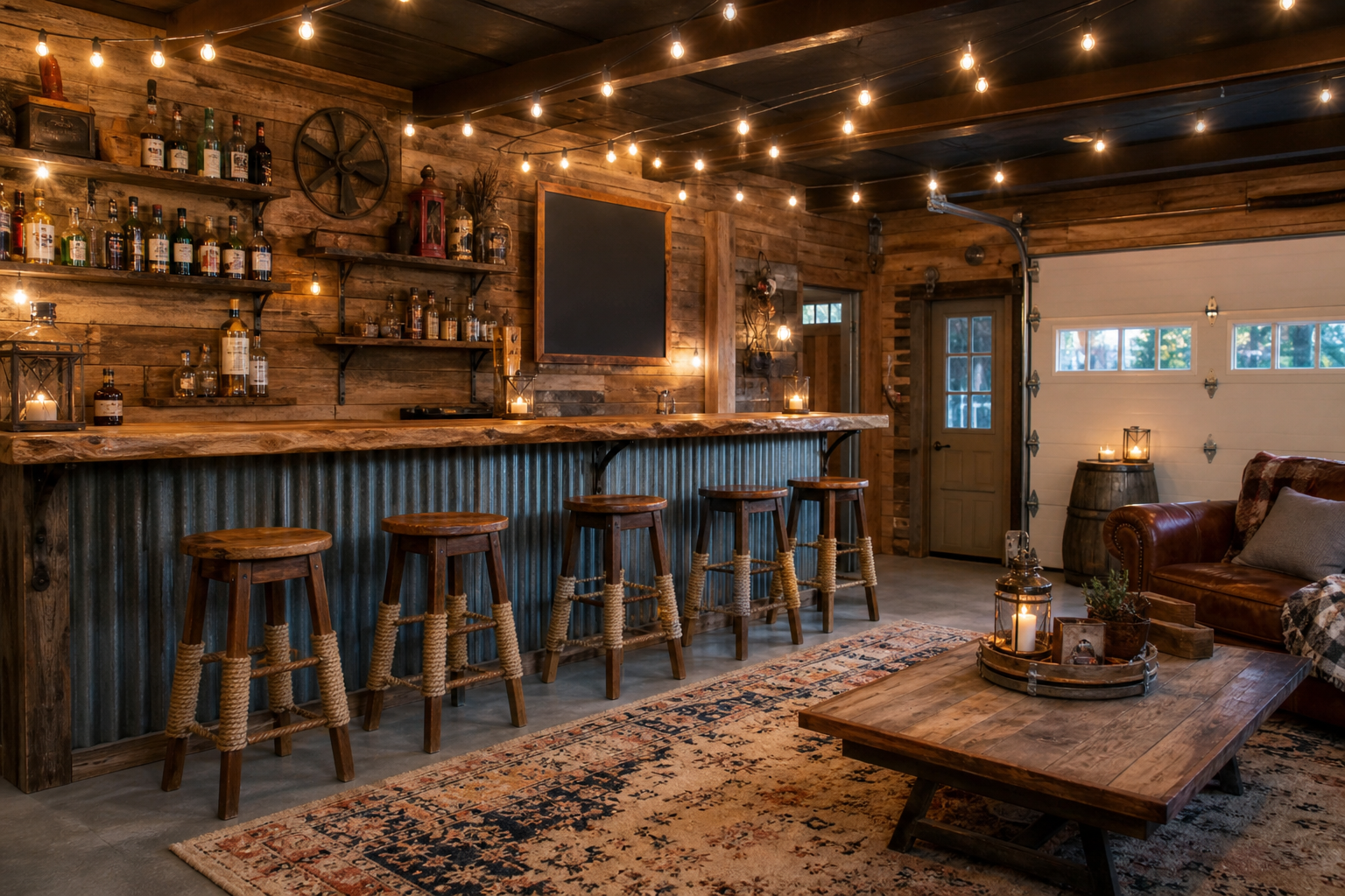Rustic garage bar with cedar plank top corrugated metal panel barn wood walls and string lights