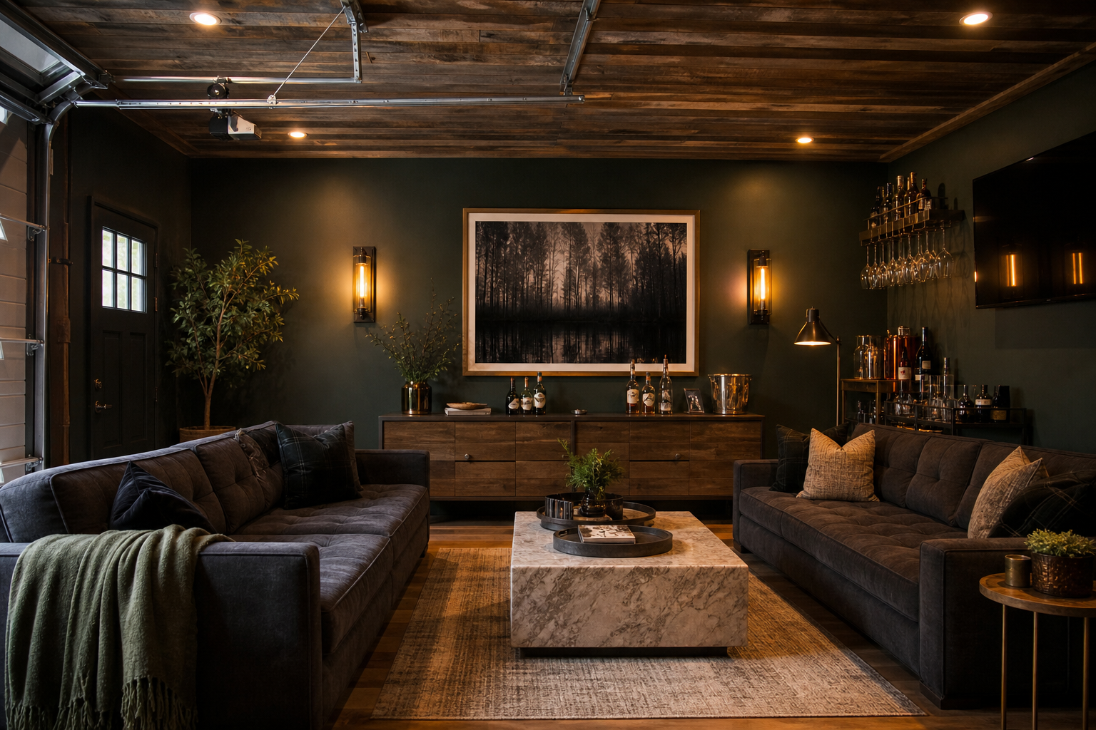 Garage lounge setup with velvet sofas credenza drink station and dark green walls