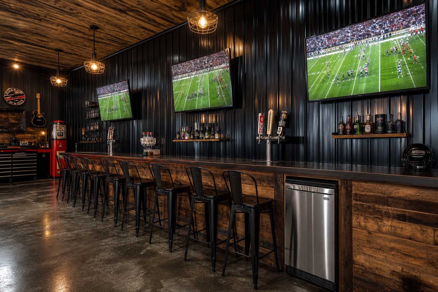 Full-length sports bar in garage with multiple TVs kegerator and industrial pendant lights