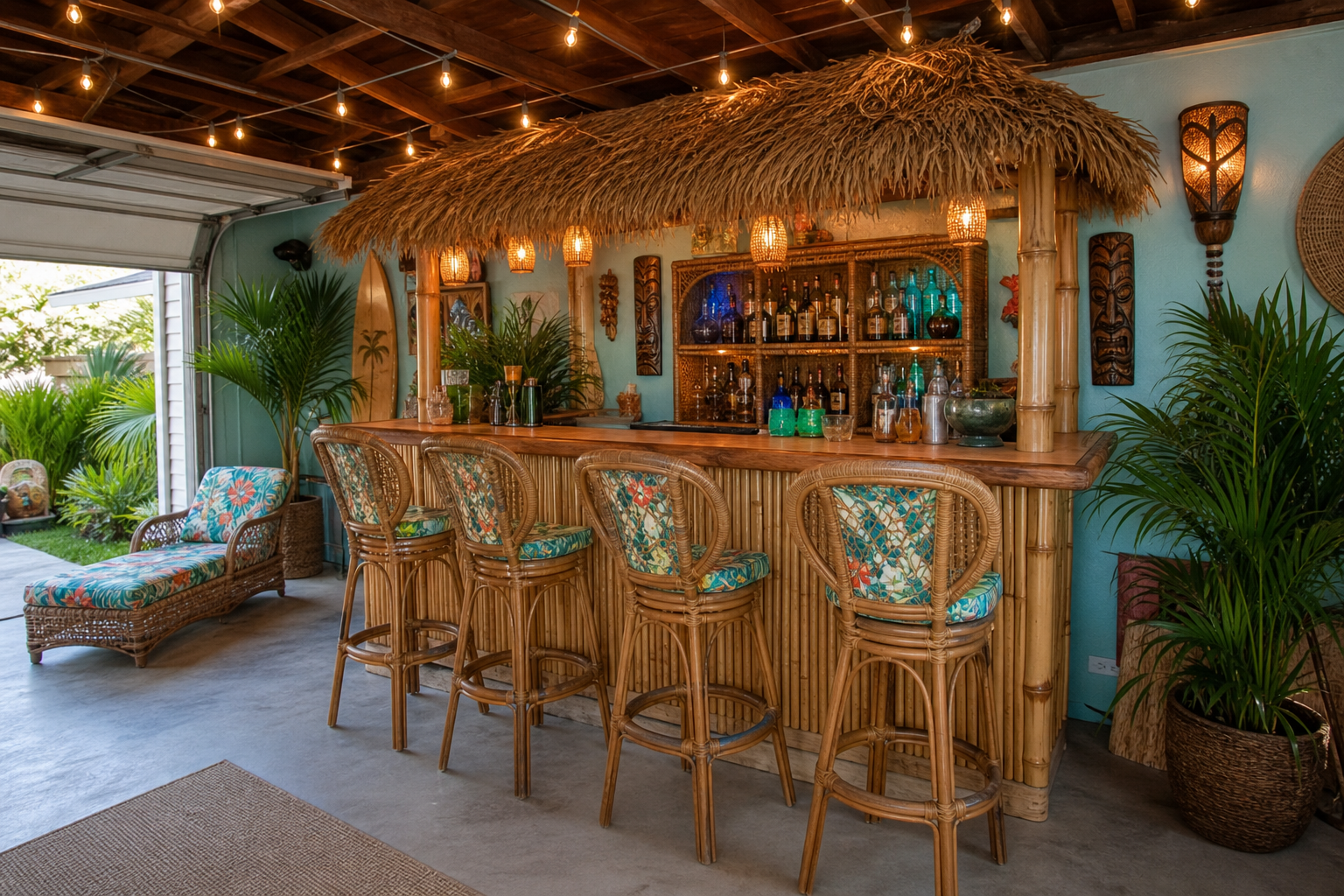 Tropical tiki-themed garage bar with bamboo front thatched overhang rattan stools and string lights