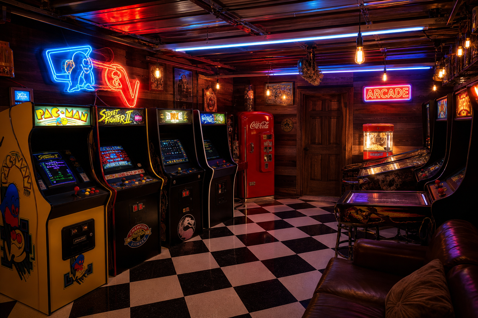 Retro arcade garage man cave with classic cabinets neon signs and checkerboard epoxy floor
