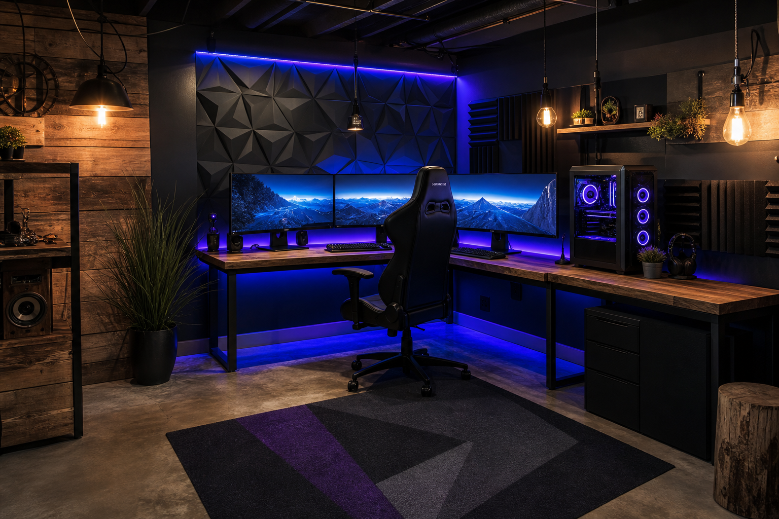 Garage PC gaming setup with triple ultrawide monitors RGB lighting and acoustic panels