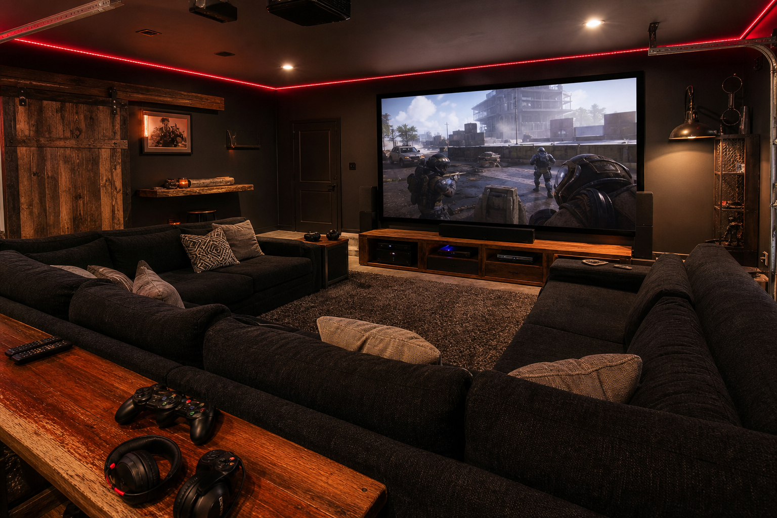 Console gaming garage lounge with 100-inch projector screen sectional sofa and red LED lighting