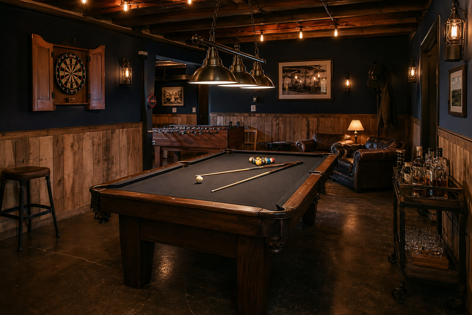 Garage game room with pool table dartboard foosball and navy walls with wood wainscoting