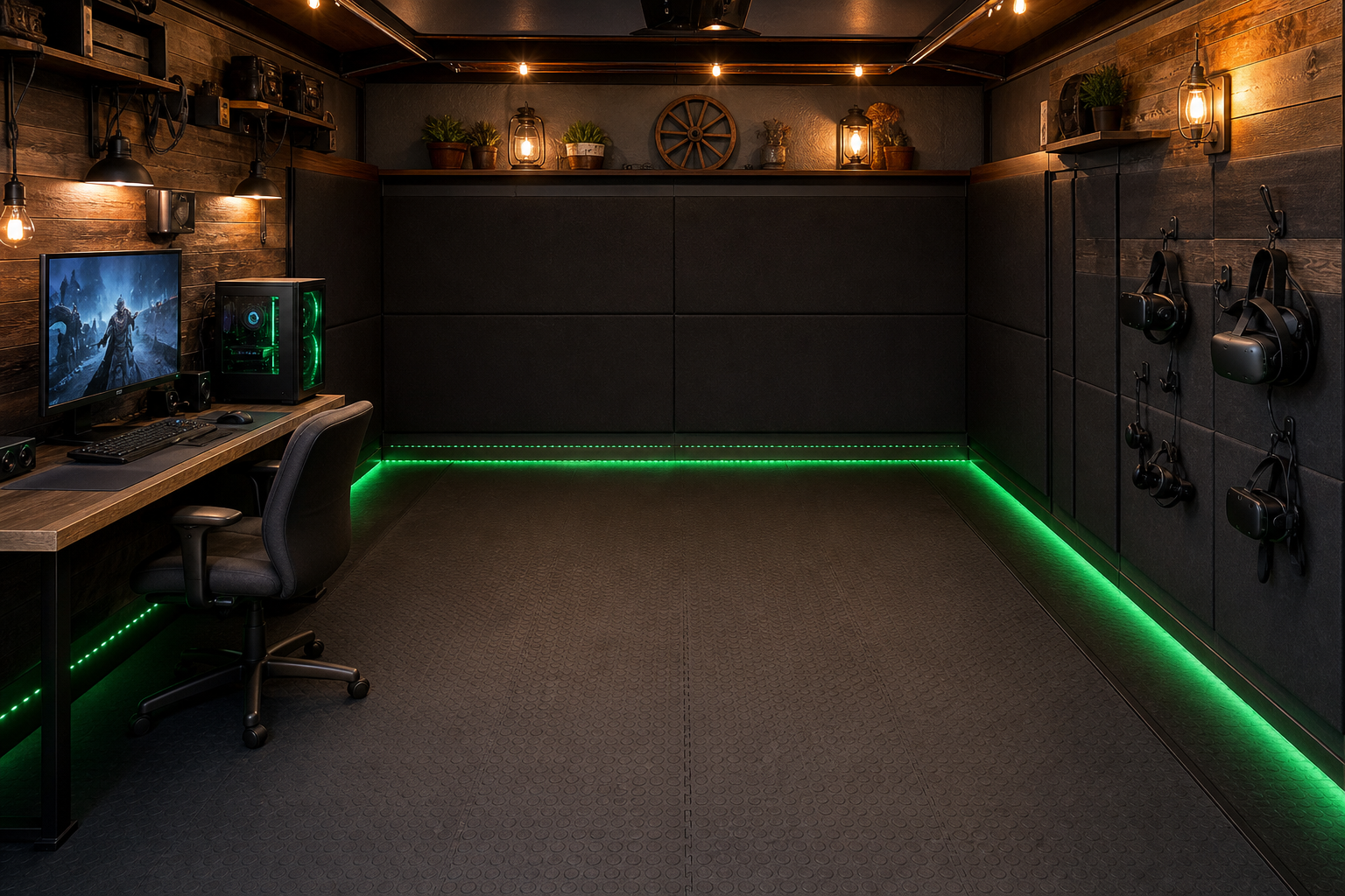 Garage VR gaming setup with cleared floor space padded walls rubber mat and green LED lighting