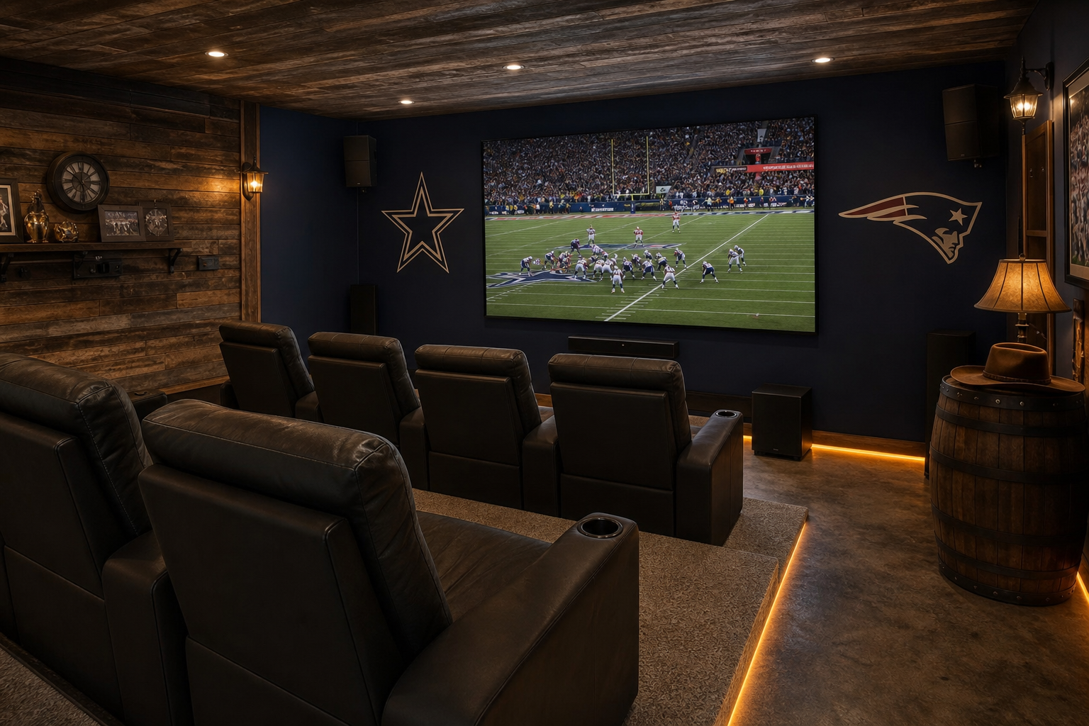 Garage man cave with stadium seating and large wall-mounted TV showing football game