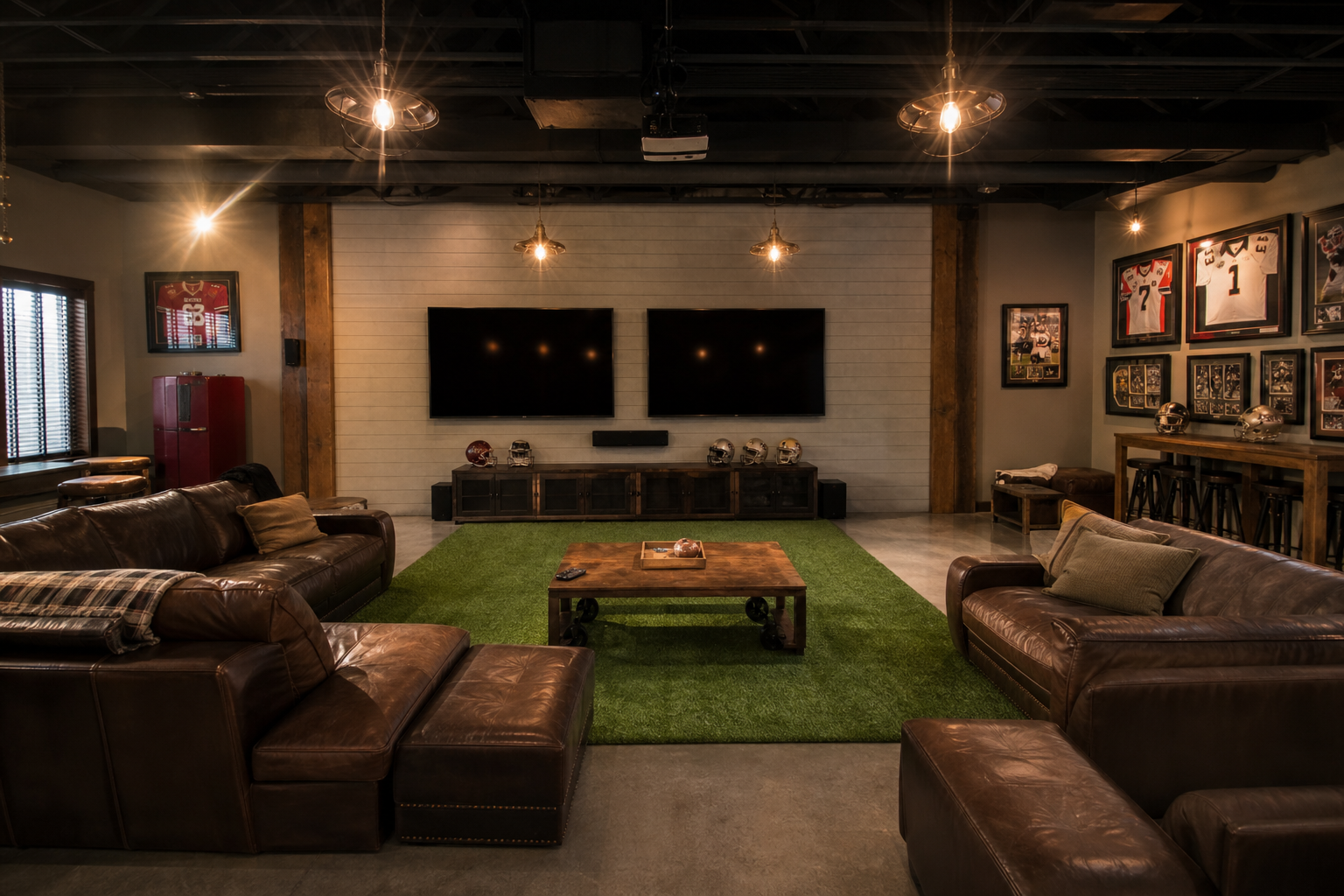 Dual TV sports viewing setup in garage man cave with leather sectional and shiplap wall