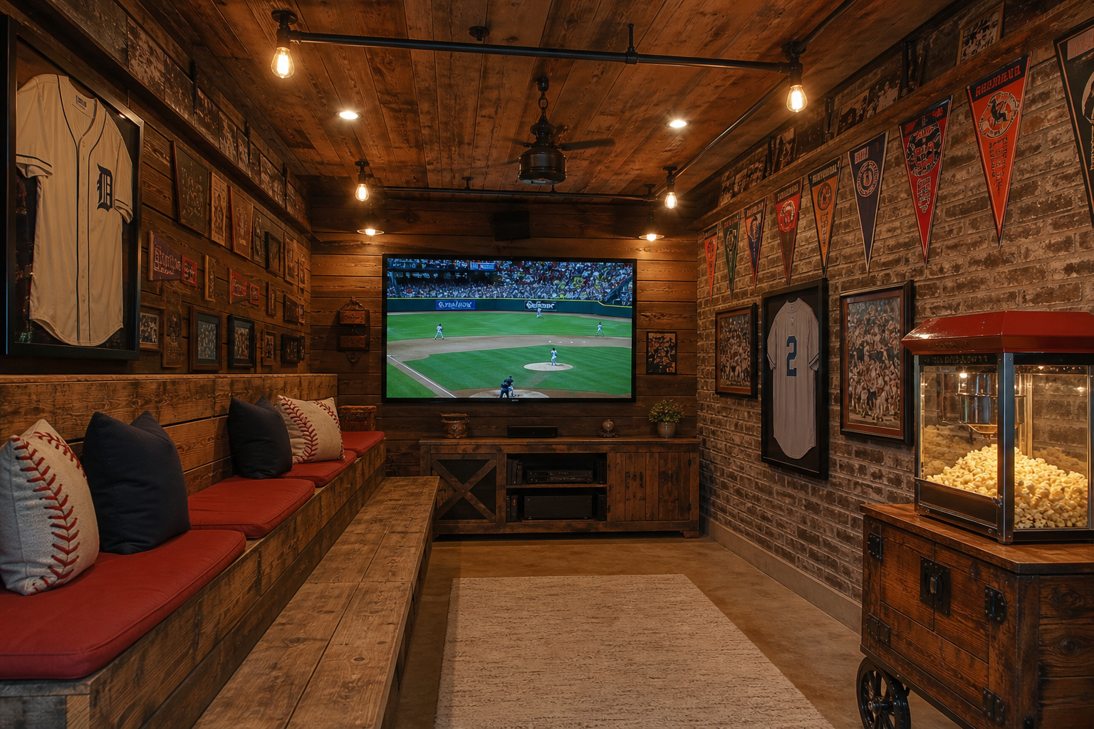 Baseball-themed garage man cave with bleacher seating pennants and vintage jersey wall display
