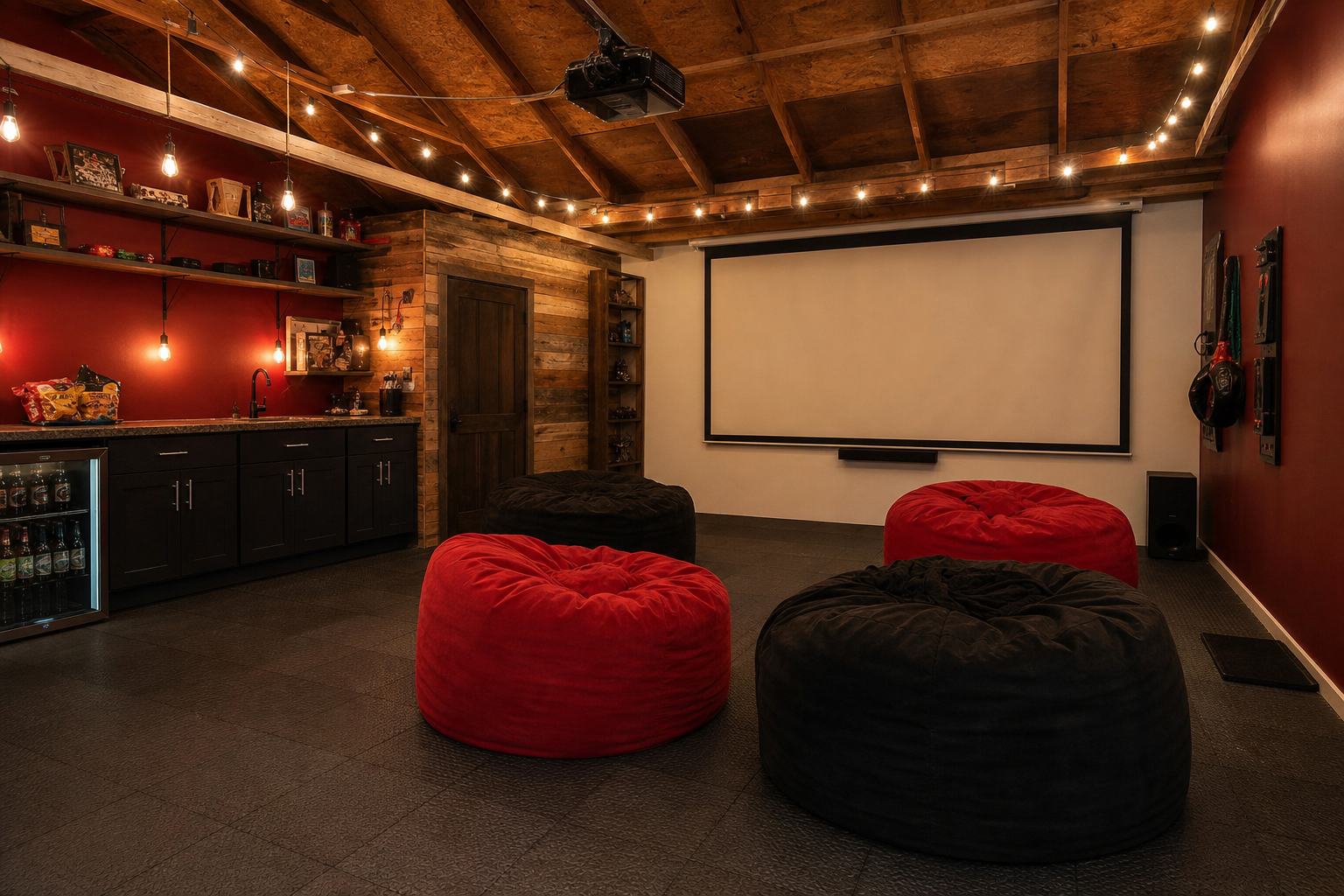 Garage man cave projector screen setup with bean bag chairs and built-in snack counter