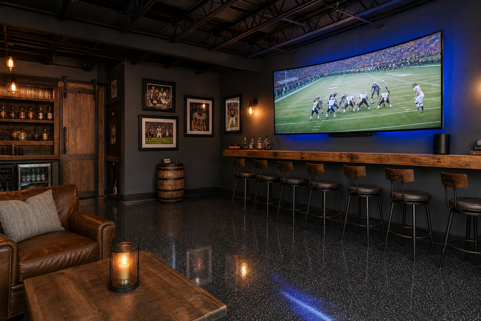 Modern garage sports viewing zone with curved TV bar stools and metallic epoxy floor