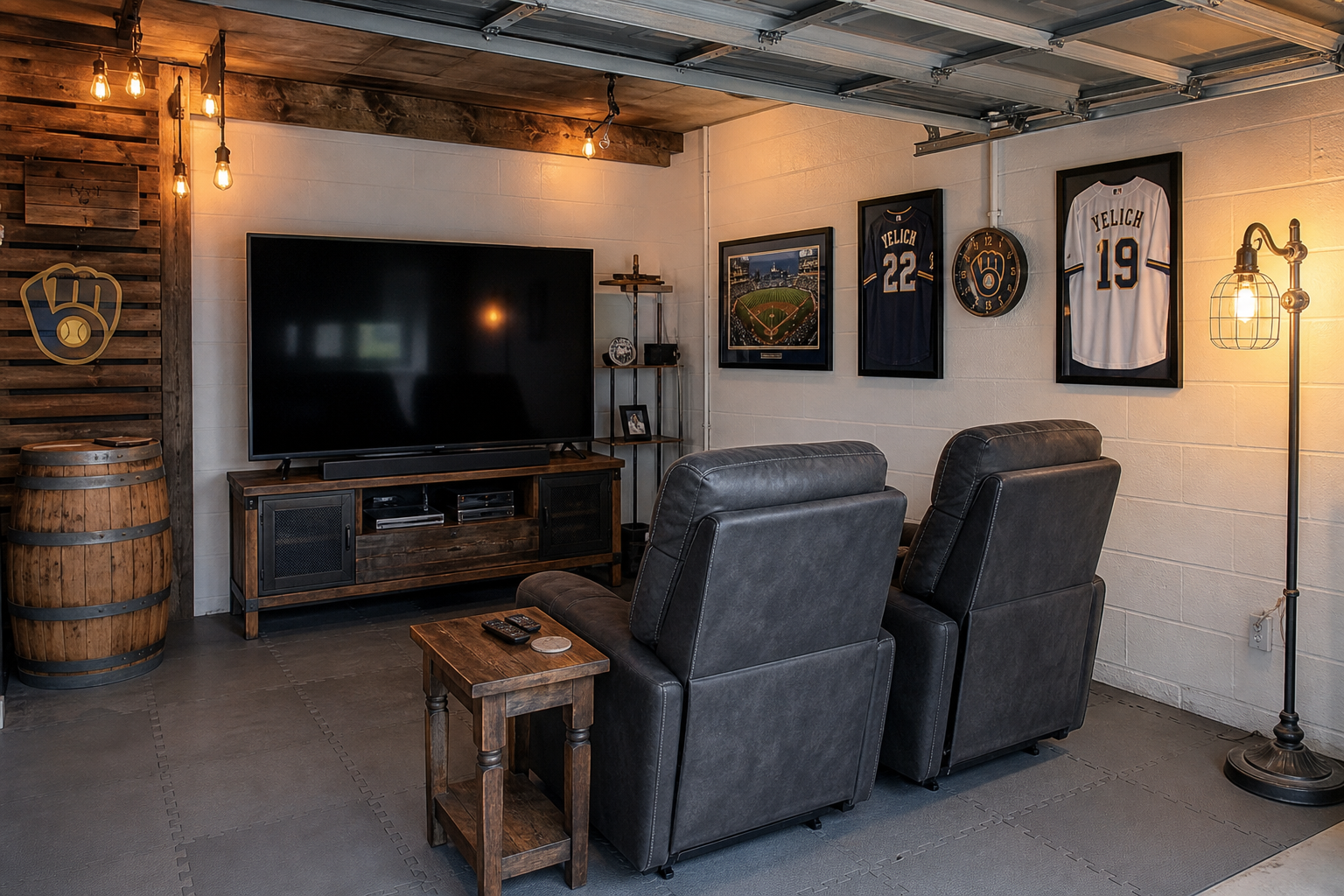 Small garage sports man cave with two recliners 65-inch TV and framed jersey wall decor