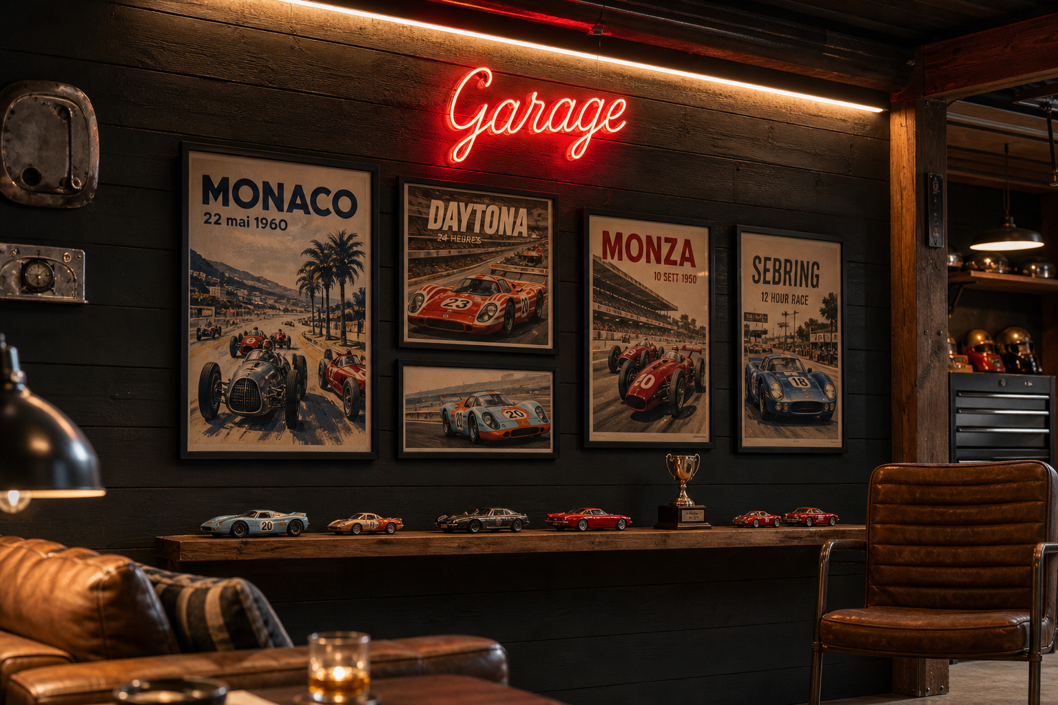 Dark shiplap garage accent wall with vintage racing posters neon sign and die-cast car shelf