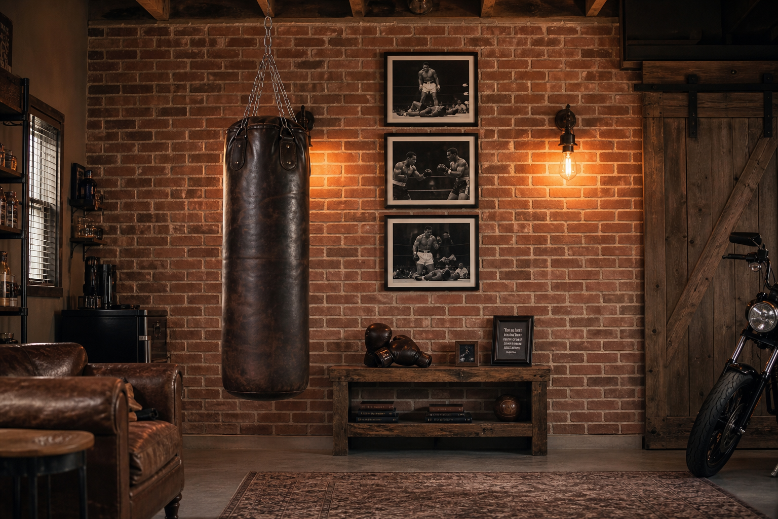 Exposed red brick garage wall with boxing photos vintage punching bag and Edison sconces