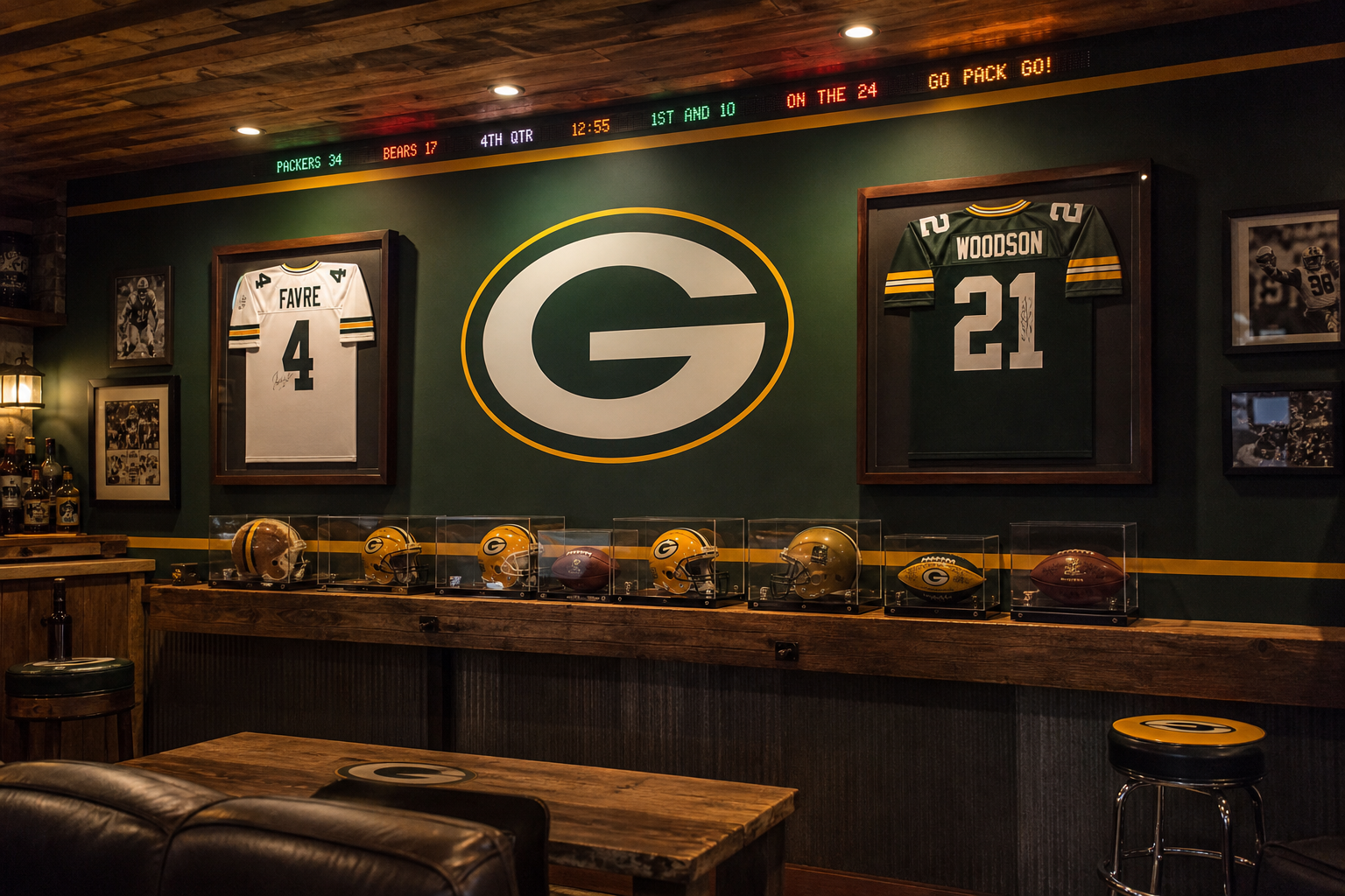 NFL themed garage wall with team colors logo decal signed jerseys and memorabilia display