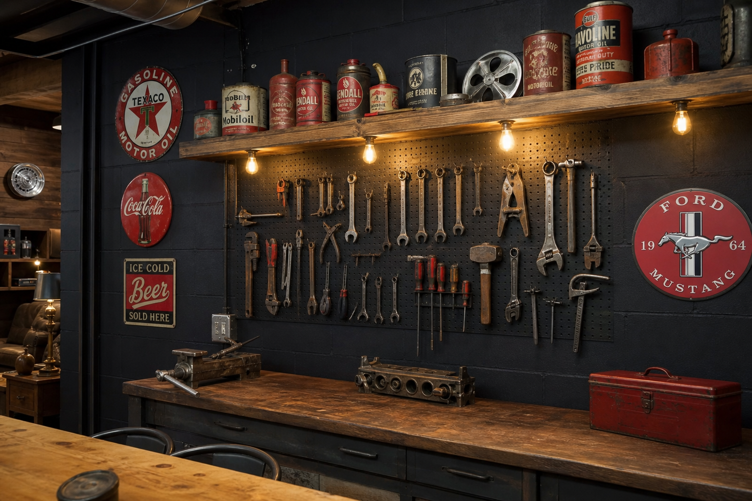 Industrial garage accent wall with vintage metal signs black pegboard tool display and oil can shelf