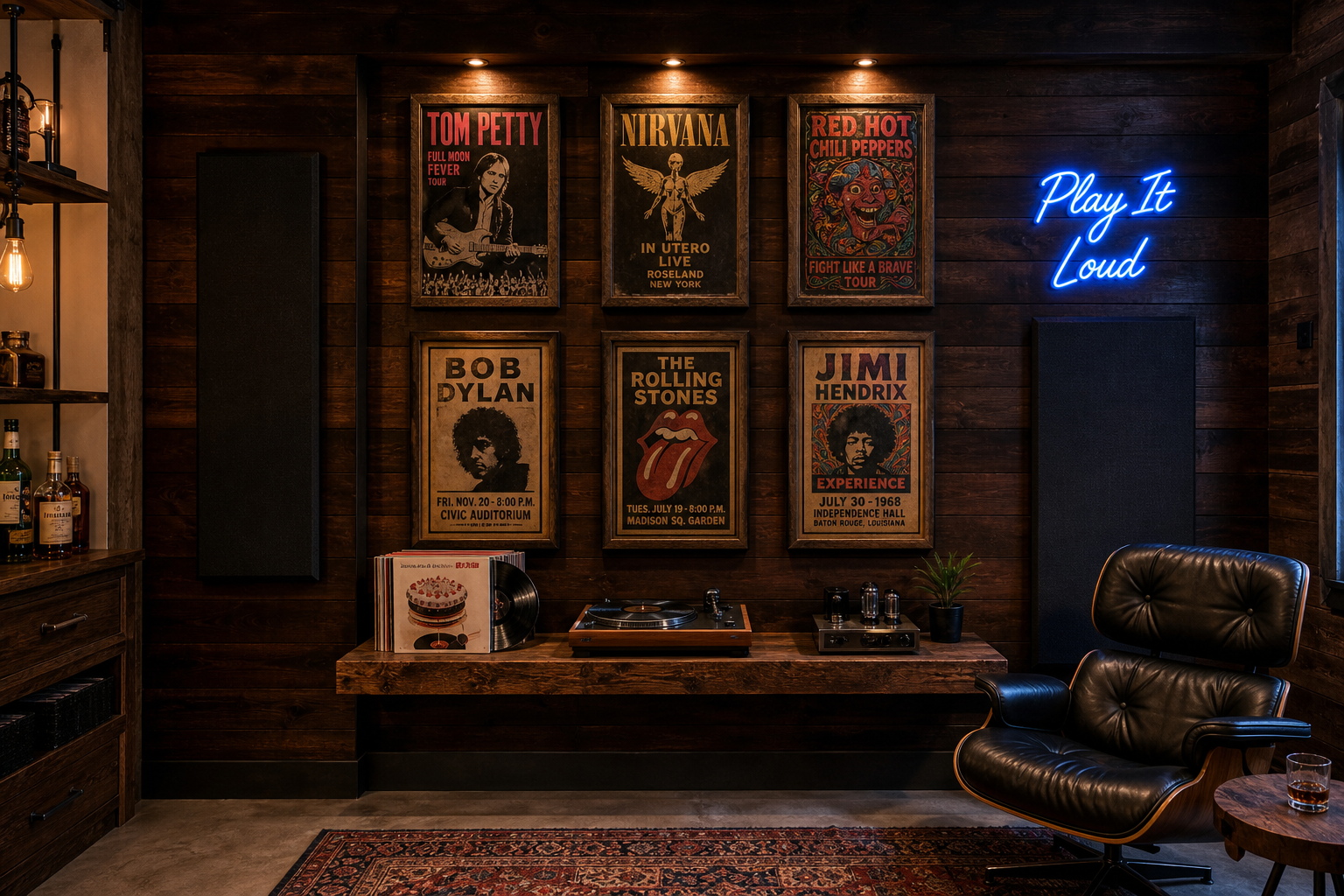 Music themed garage wall with concert posters walnut panels turntable shelf and blue neon sign