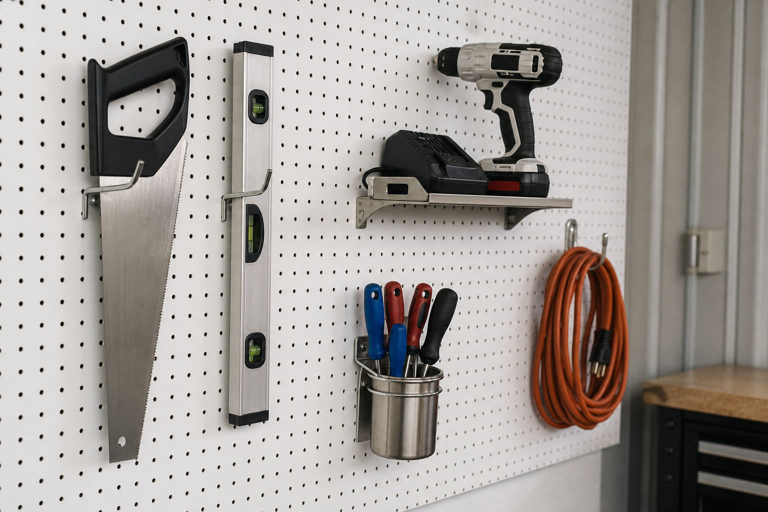 Garage pegboard close-up showing double hooks, shelf, cup holder, and looped cord hook accessories