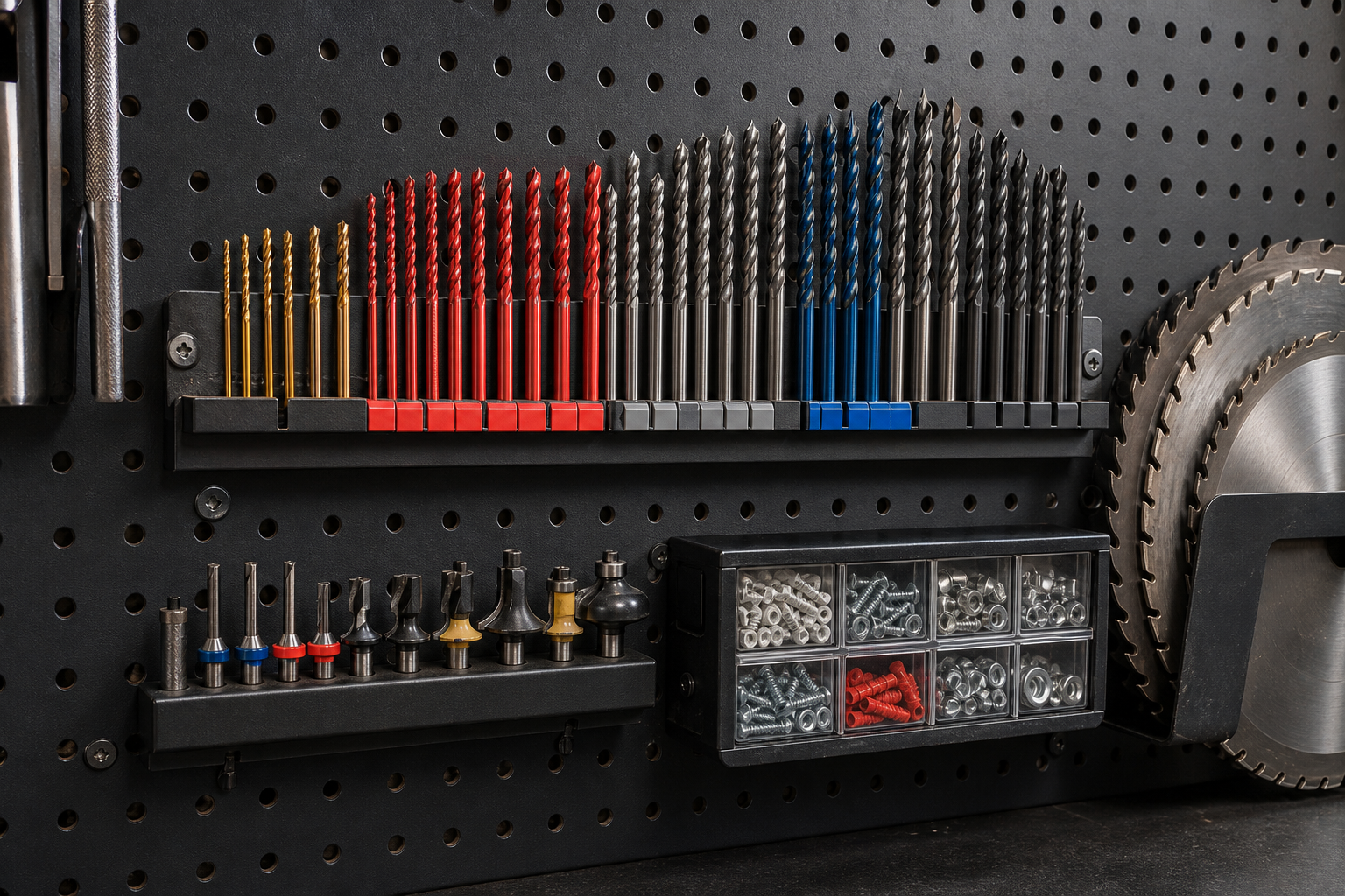 Black metal pegboard with drill bit rail, saw blade holder, router bit organizer, and clear parts bin