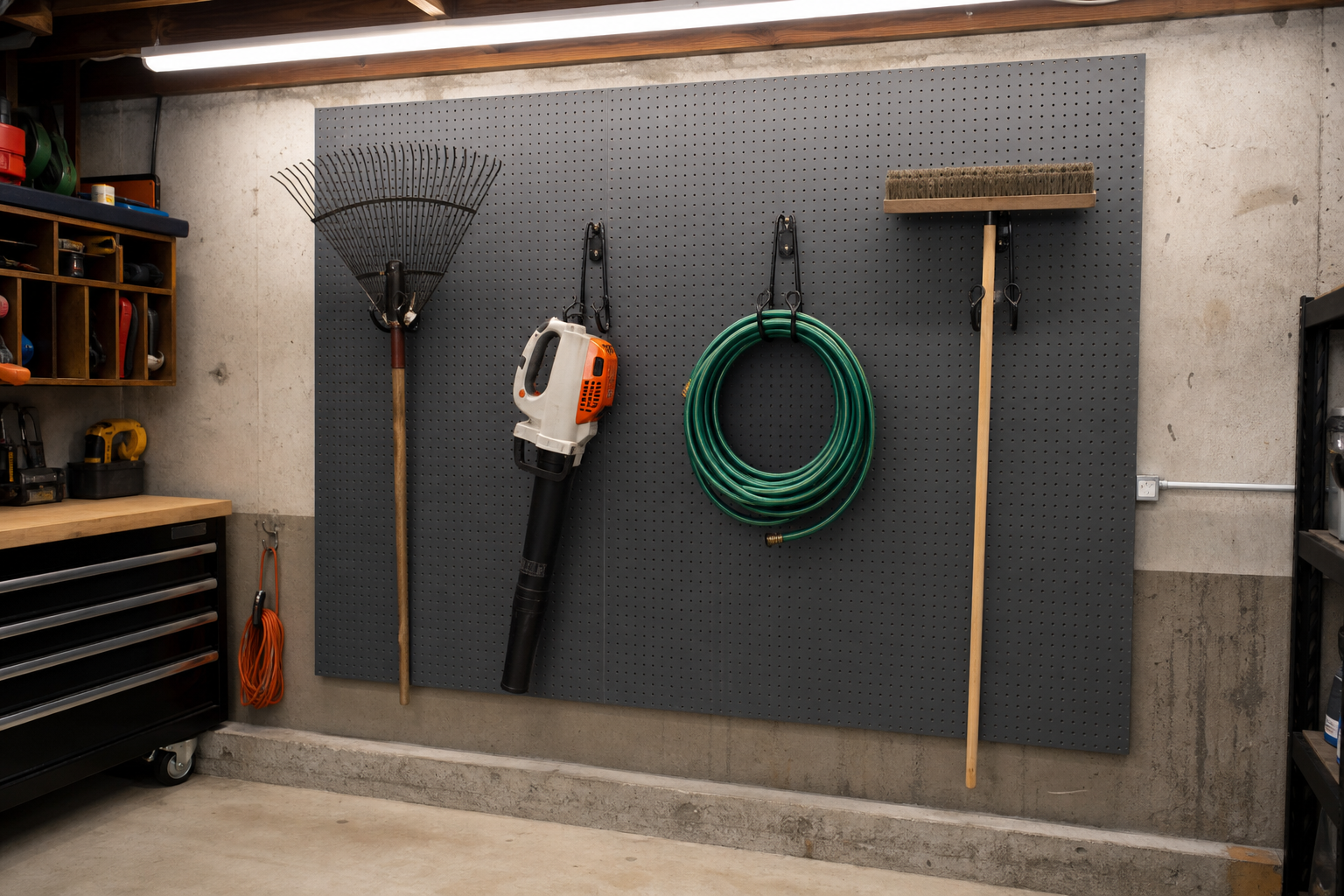 Charcoal gray pegboard with heavy-duty double hooks holding rake, leaf blower, hose, and broom