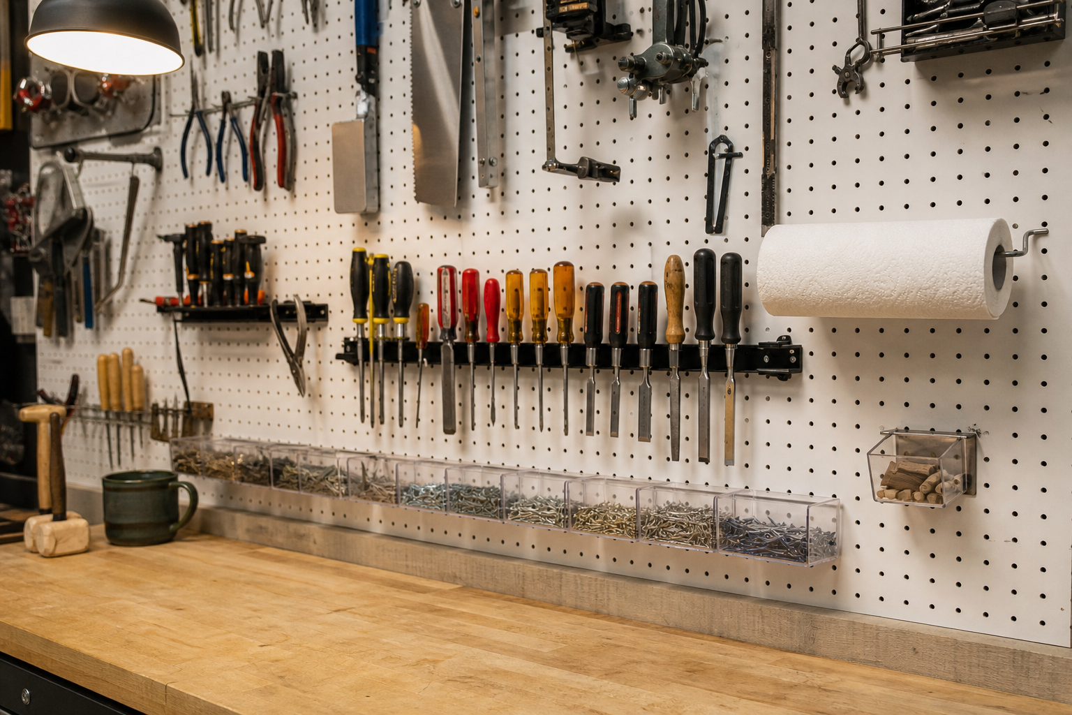 Pegboard wall with magnetic tool strip, clear acrylic parts bins, and paper towel holder accessories