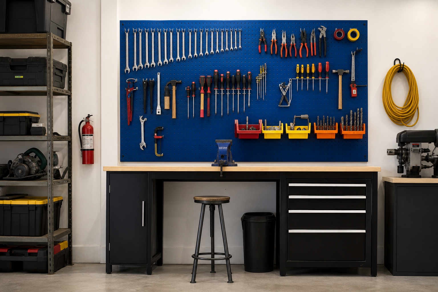 Cobalt blue pegboard with color-coded tool handles and bins in red, yellow, and orange