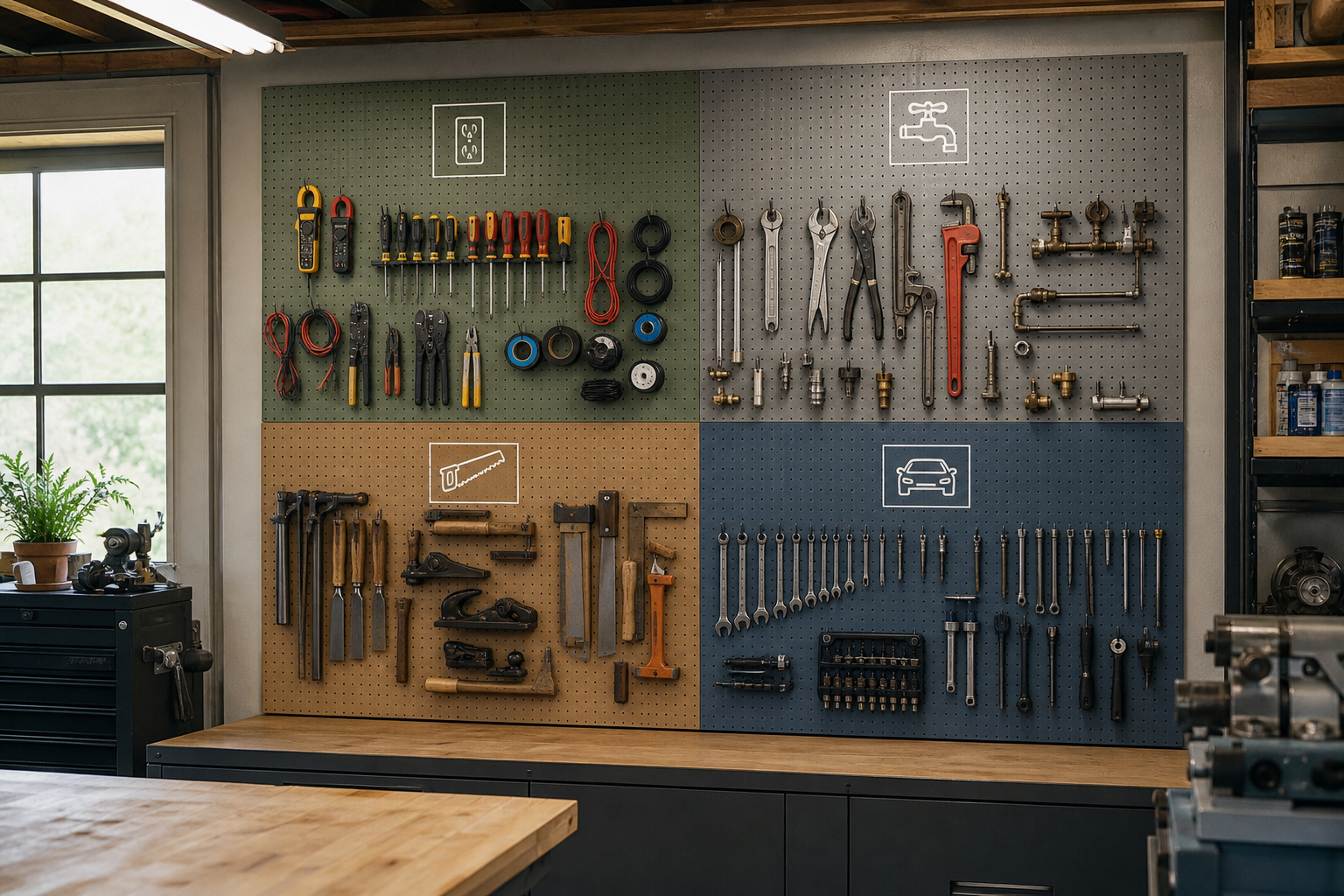 Pegboard divided into four color-coded quadrants representing different tool categories