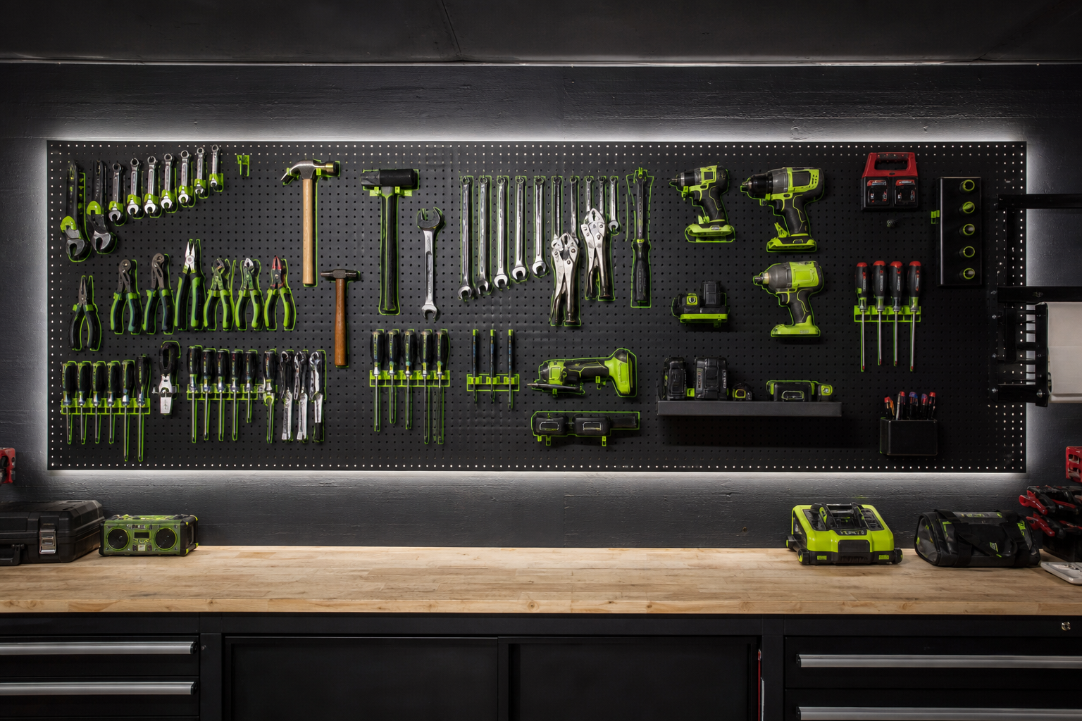 Black pegboard with neon green hooks and fluorescent tape tool outlines in a modern dark garage