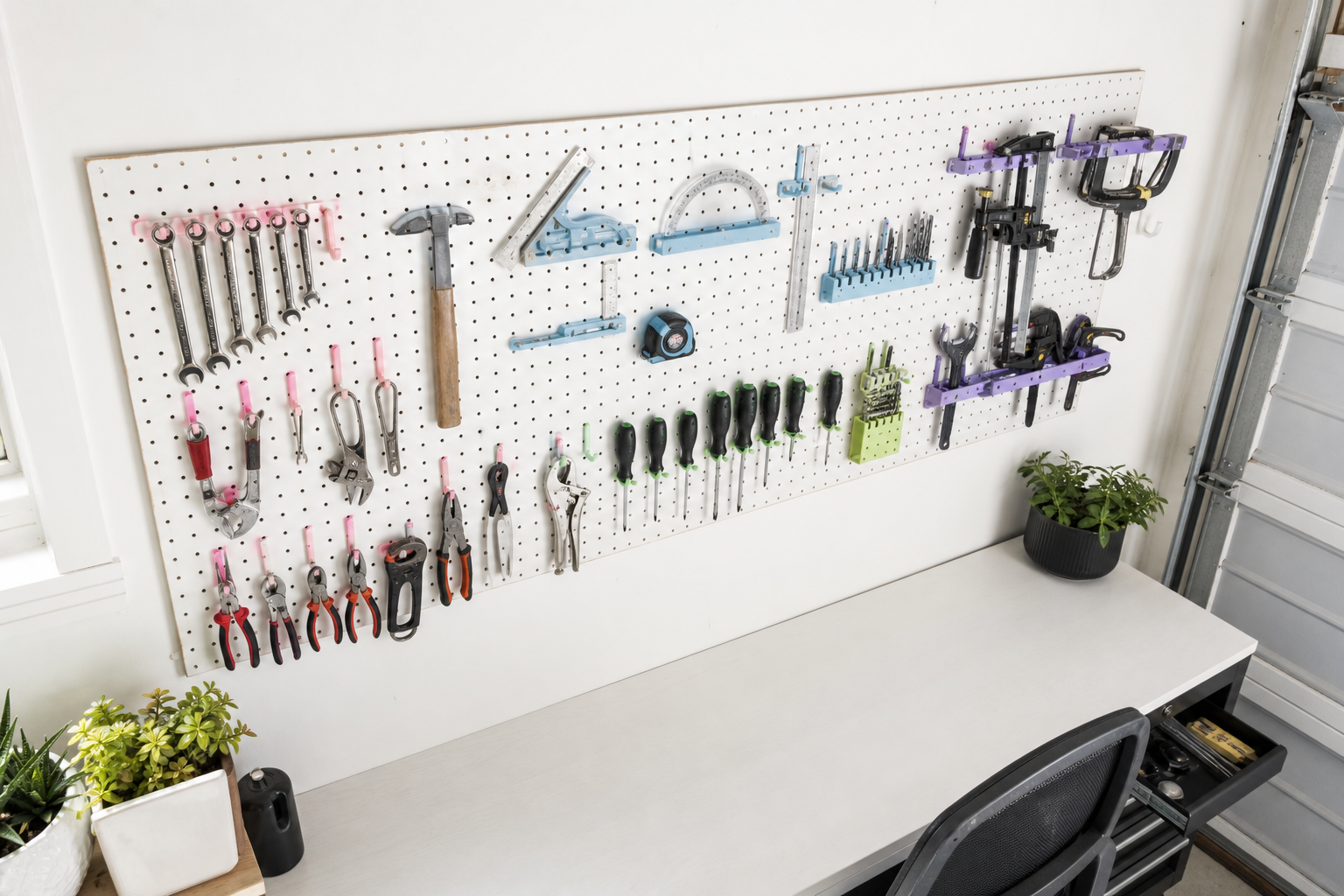 White pegboard with pastel-colored hooks in pink, blue, green, and lavender for each tool category