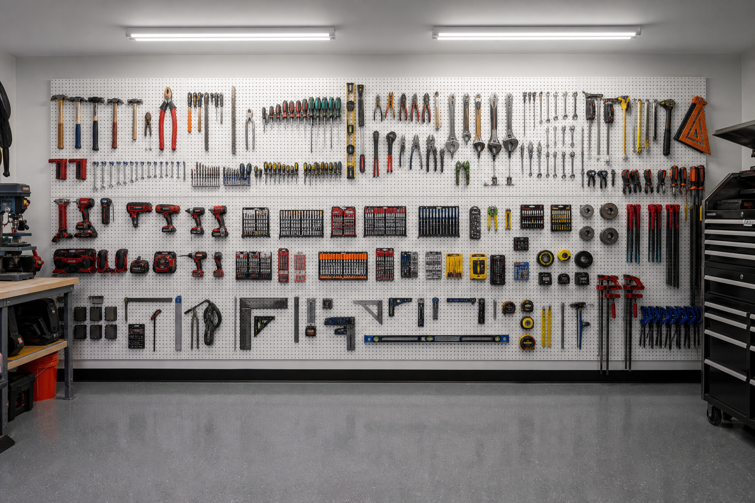 Full garage wall covered in white pegboard with tools organized in horizontal zones by category