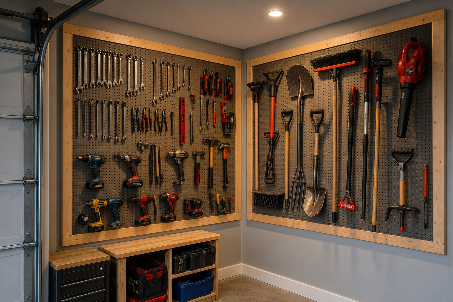 Corner pegboard setup with two panels at 90 degrees holding hand tools and garden tools