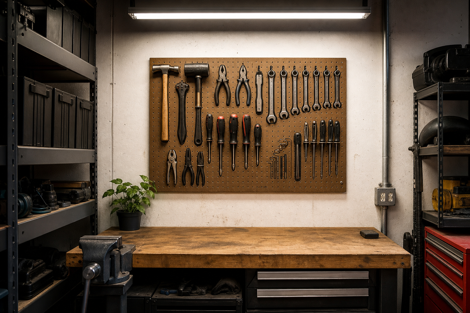 Compact pegboard above a workbench in a small garage with tool silhouette outlines painted on