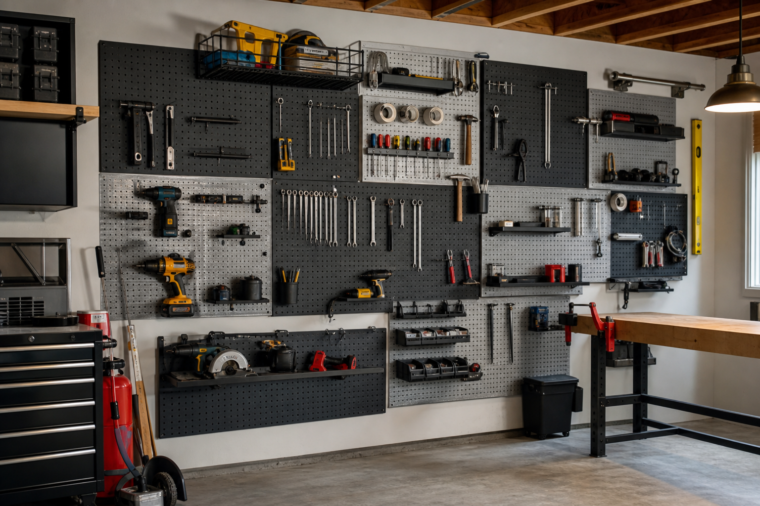 Modular staggered pegboard panels at varying heights creating an industrial tool storage feature wall