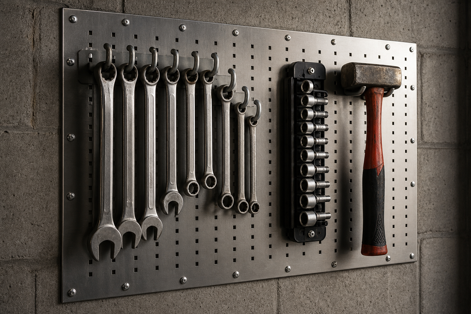 Brushed steel metal pegboard with heavy wrenches, socket sets, and hammer hung on thick metal hooks