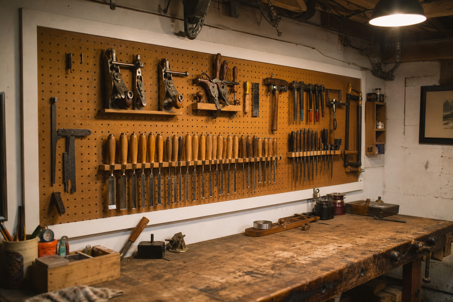 Oak-stained plywood pegboard with woodworking tools hung in a rustic workshop setting