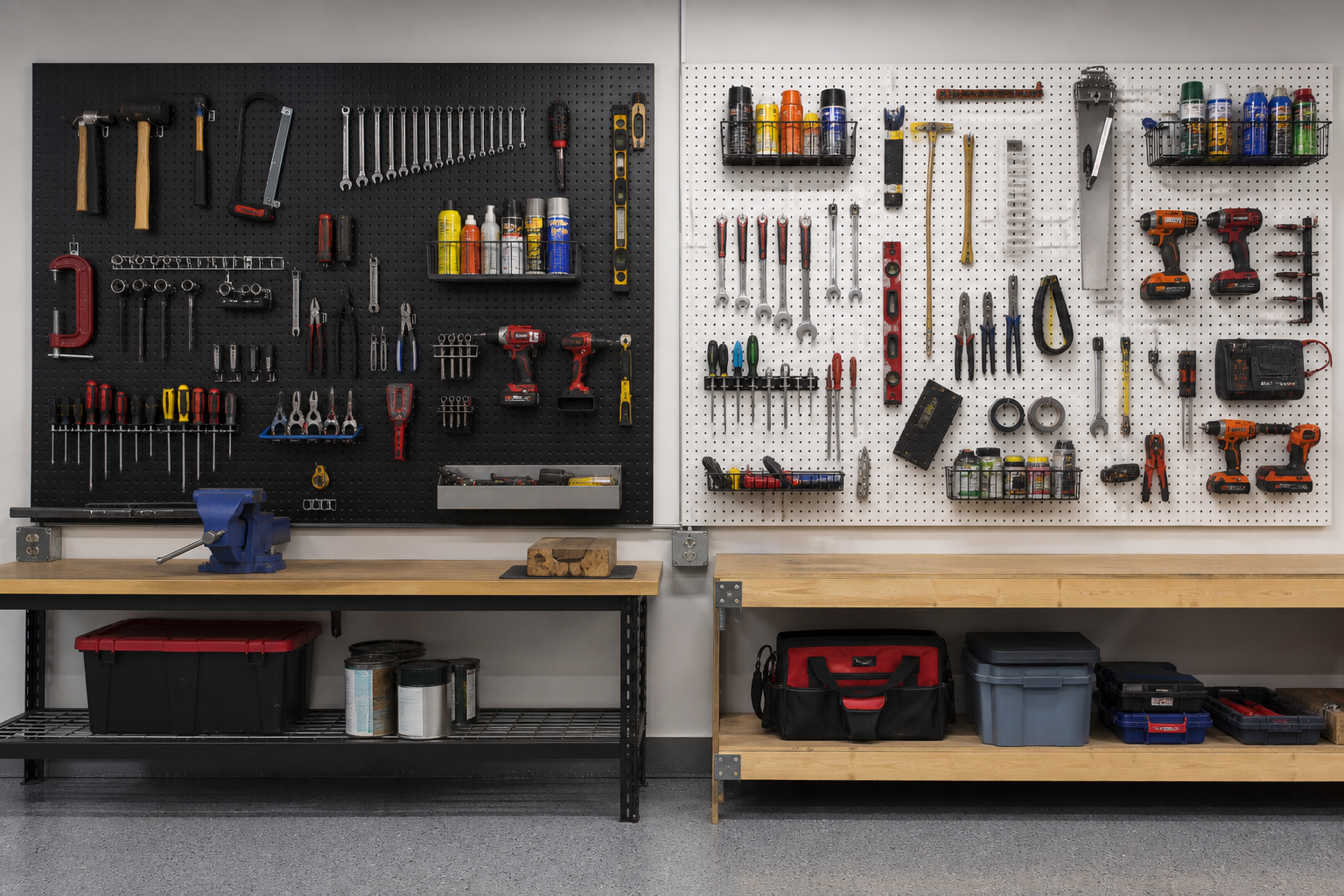 Side-by-side garage wall showing black steel pegboard and white hardboard pegboard with tools hung on each