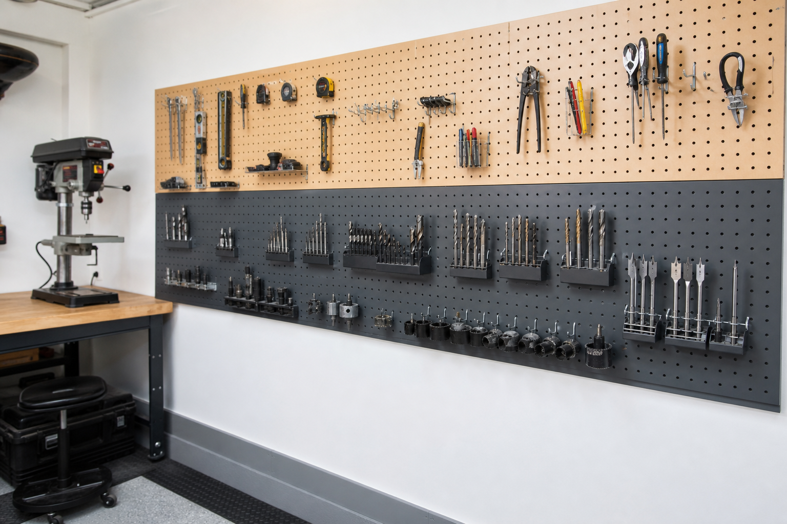 Two-tone garage pegboard wall with dark metal panels on bottom and natural birch wood panels on top
