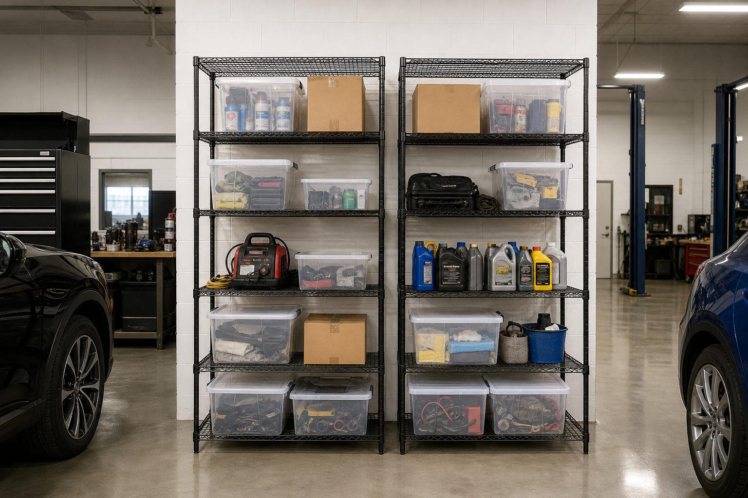 Two black five-tier steel wire freestanding garage shelving units holding totes and automotive supplies