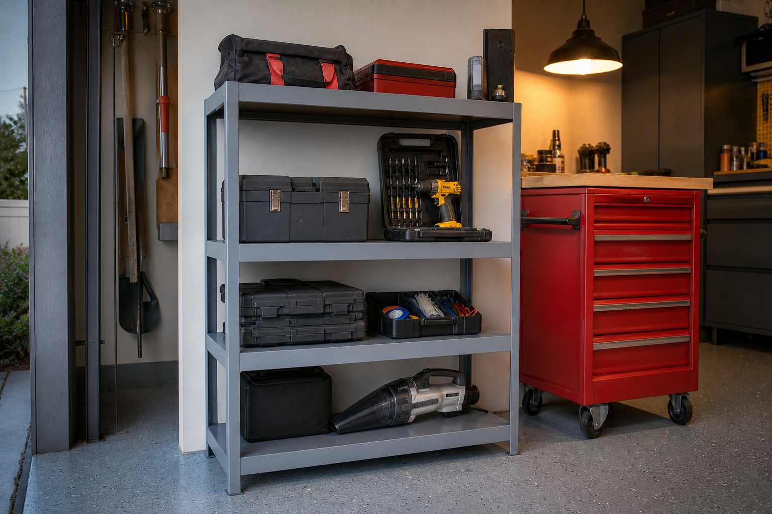 Gray powder-coated steel freestanding garage shelf unit holding toolboxes and cordless power tools