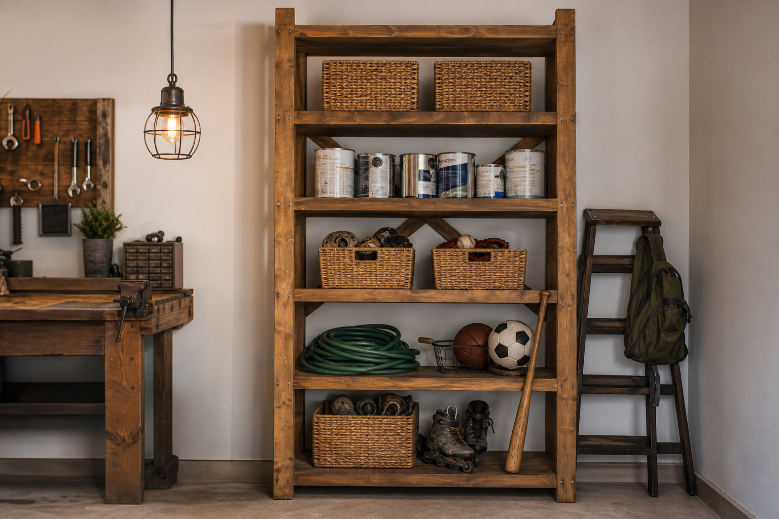 DIY stained pine freestanding garage shelving unit with wicker baskets and sports equipment