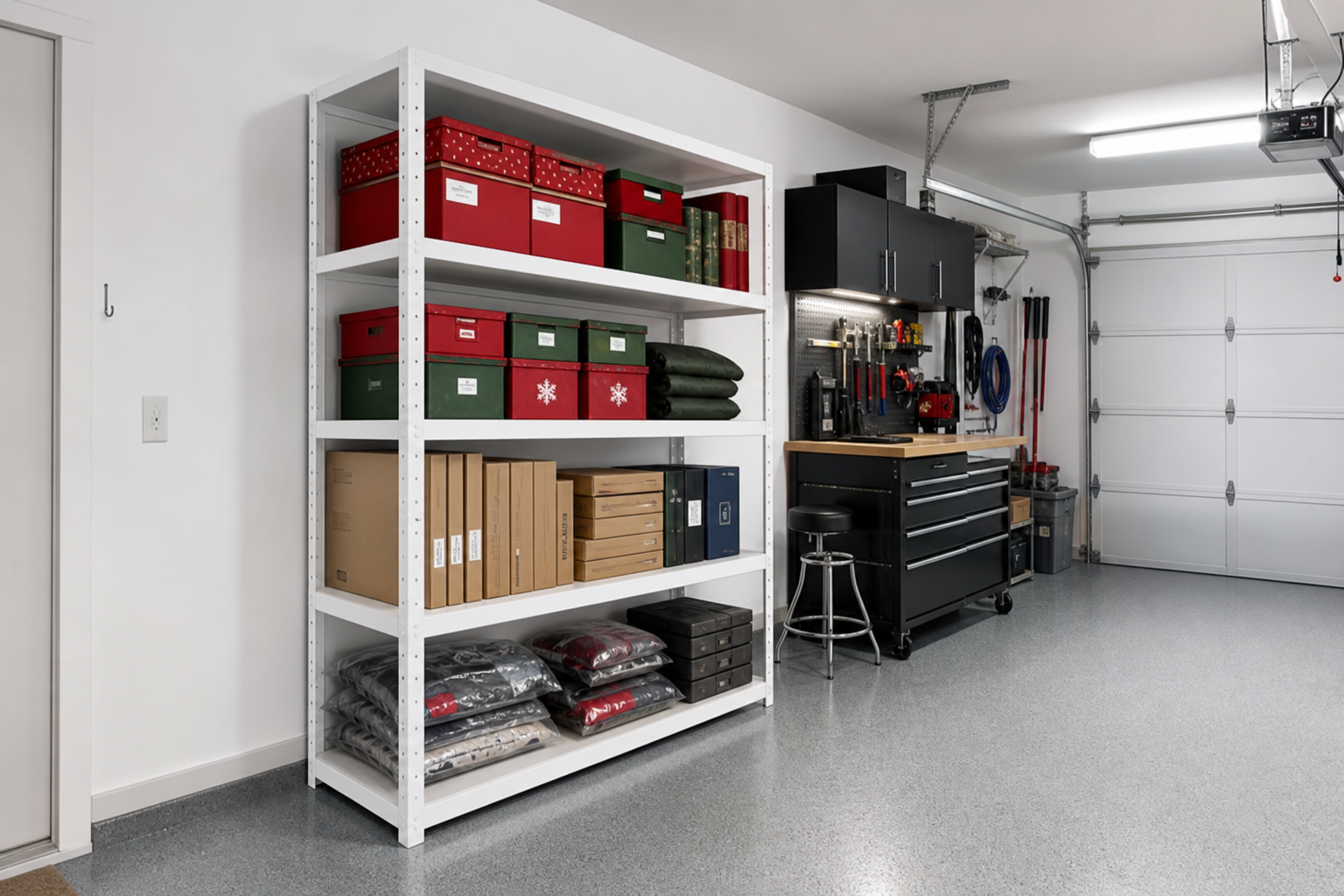 White powder-coated freestanding garage shelf unit storing holiday boxes and seasonal items