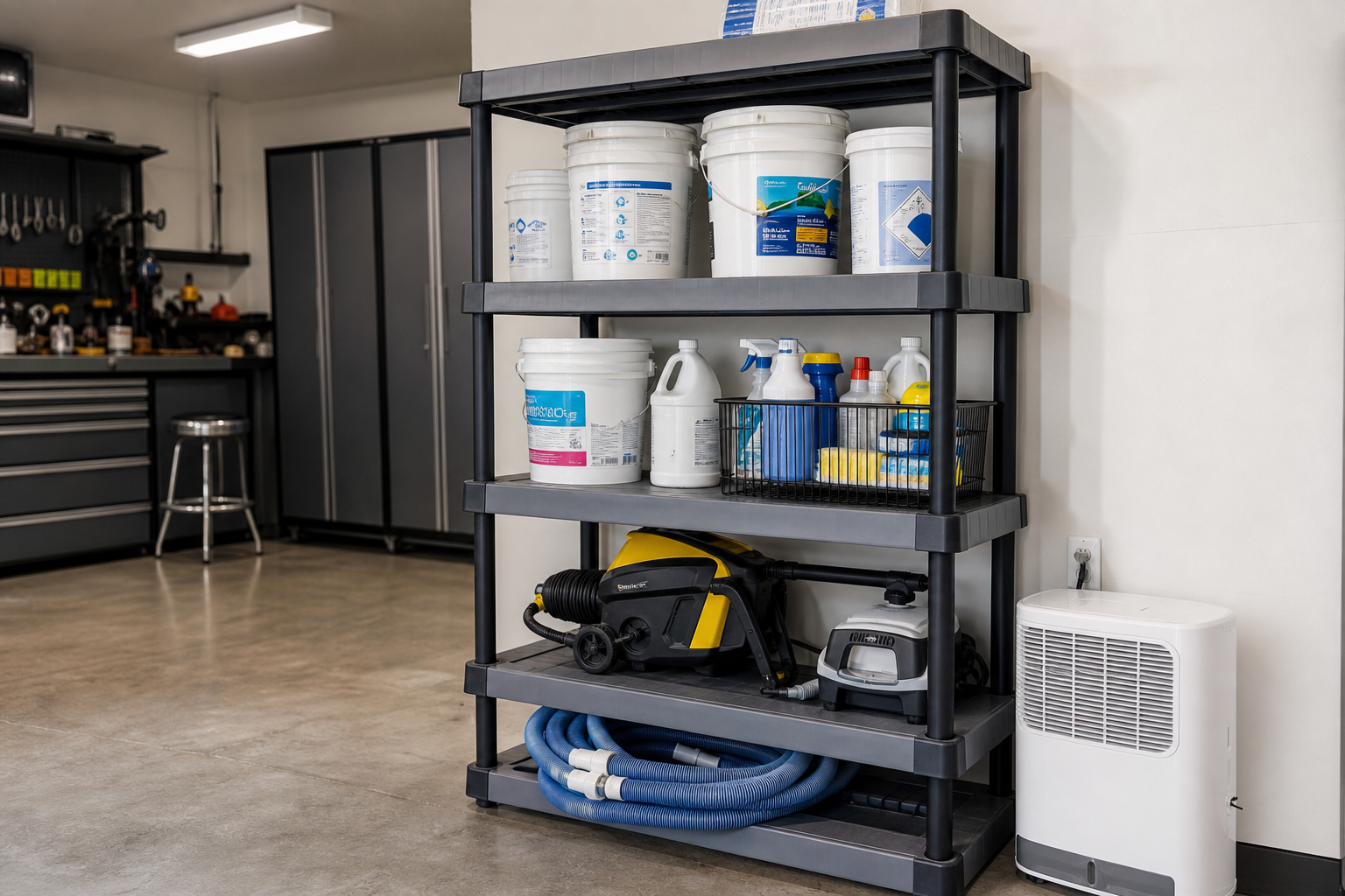 Heavy-duty plastic freestanding garage shelving unit holding pool chemicals and cleaning equipment